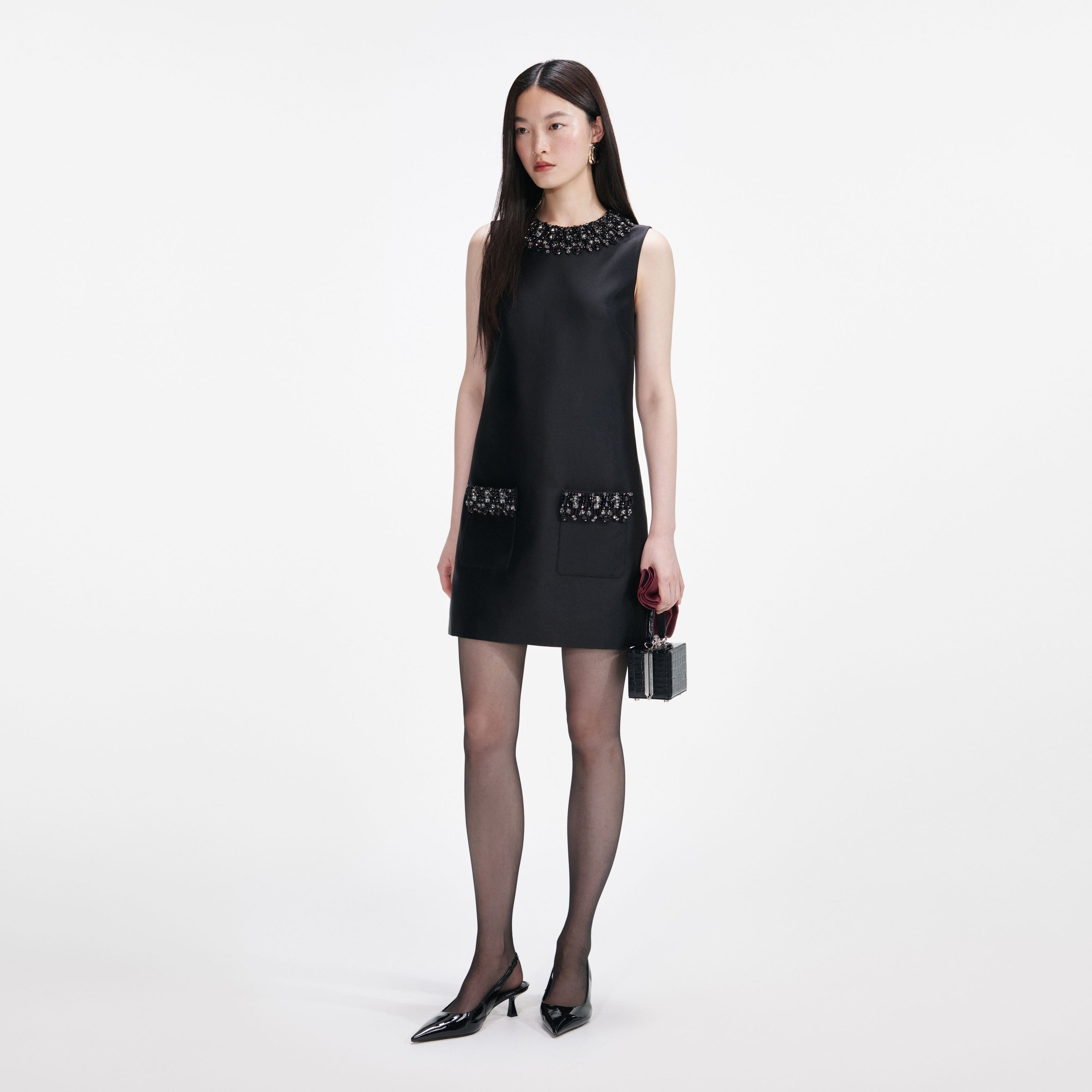 Black Taffeta Embellished Trim Mini Dress - 2