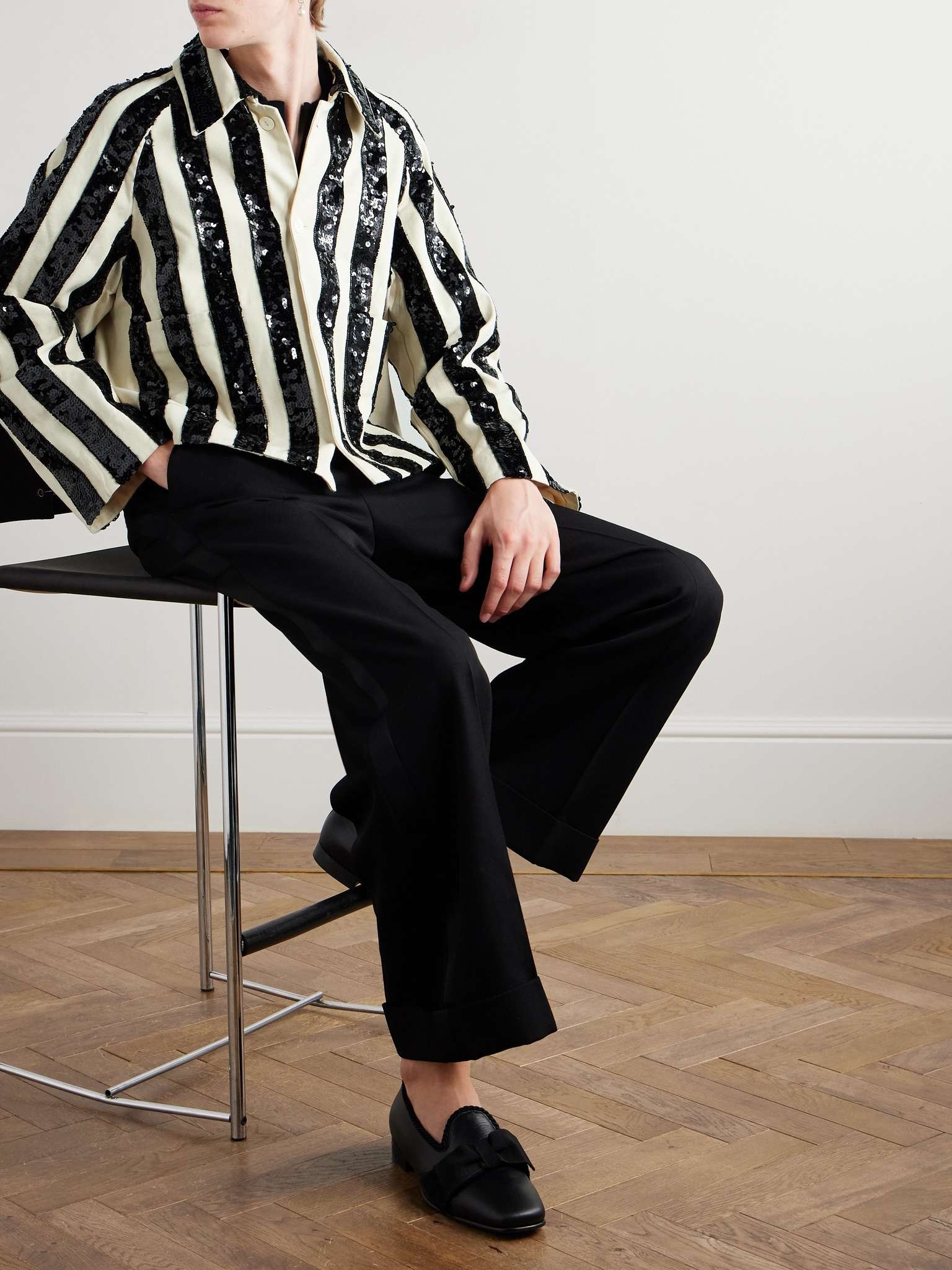 Cropped Sequinned Striped Woven Jacket - 2