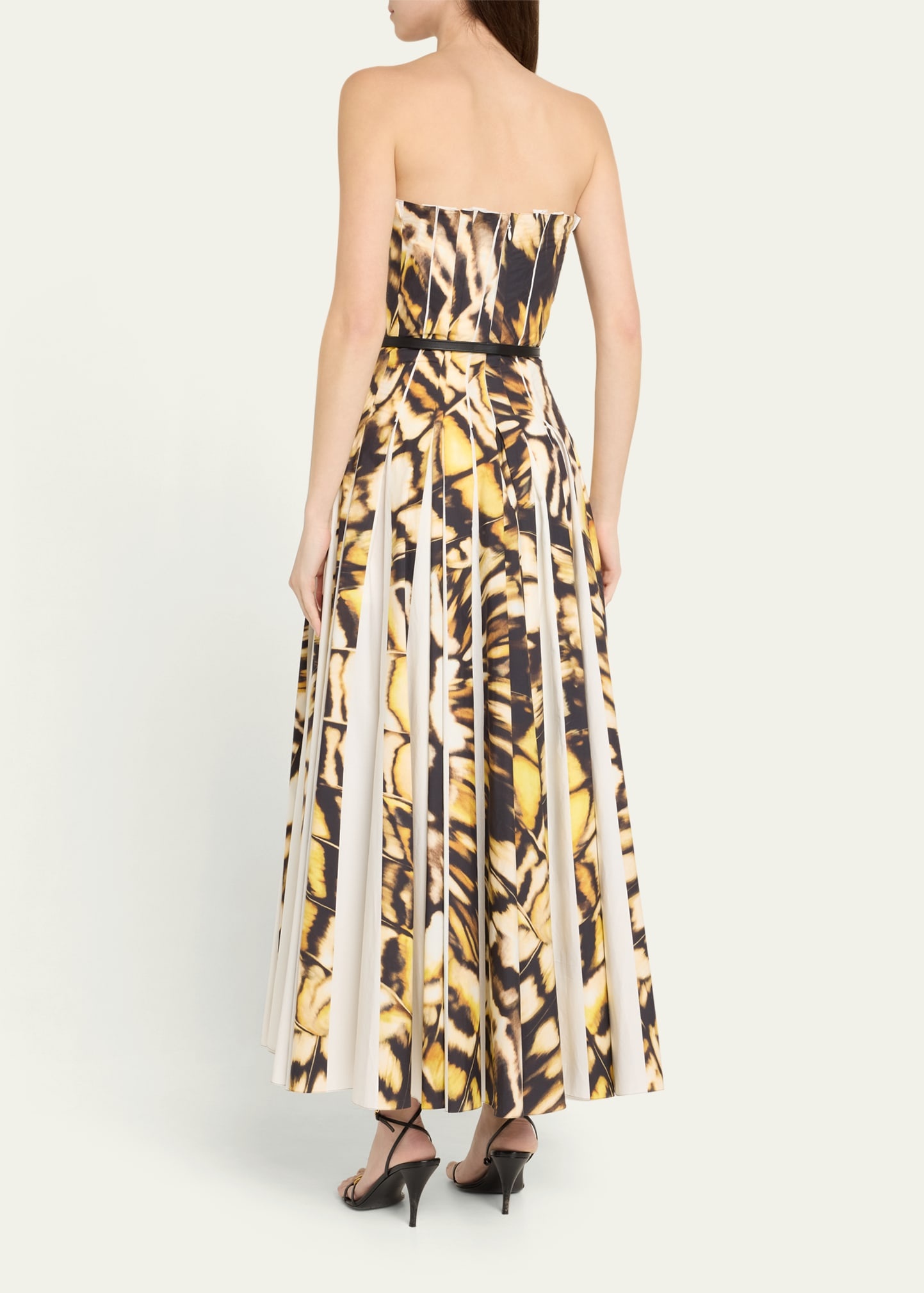 Strapless Pleated Butterfly Poplin Ankle Dress With Belt - 4