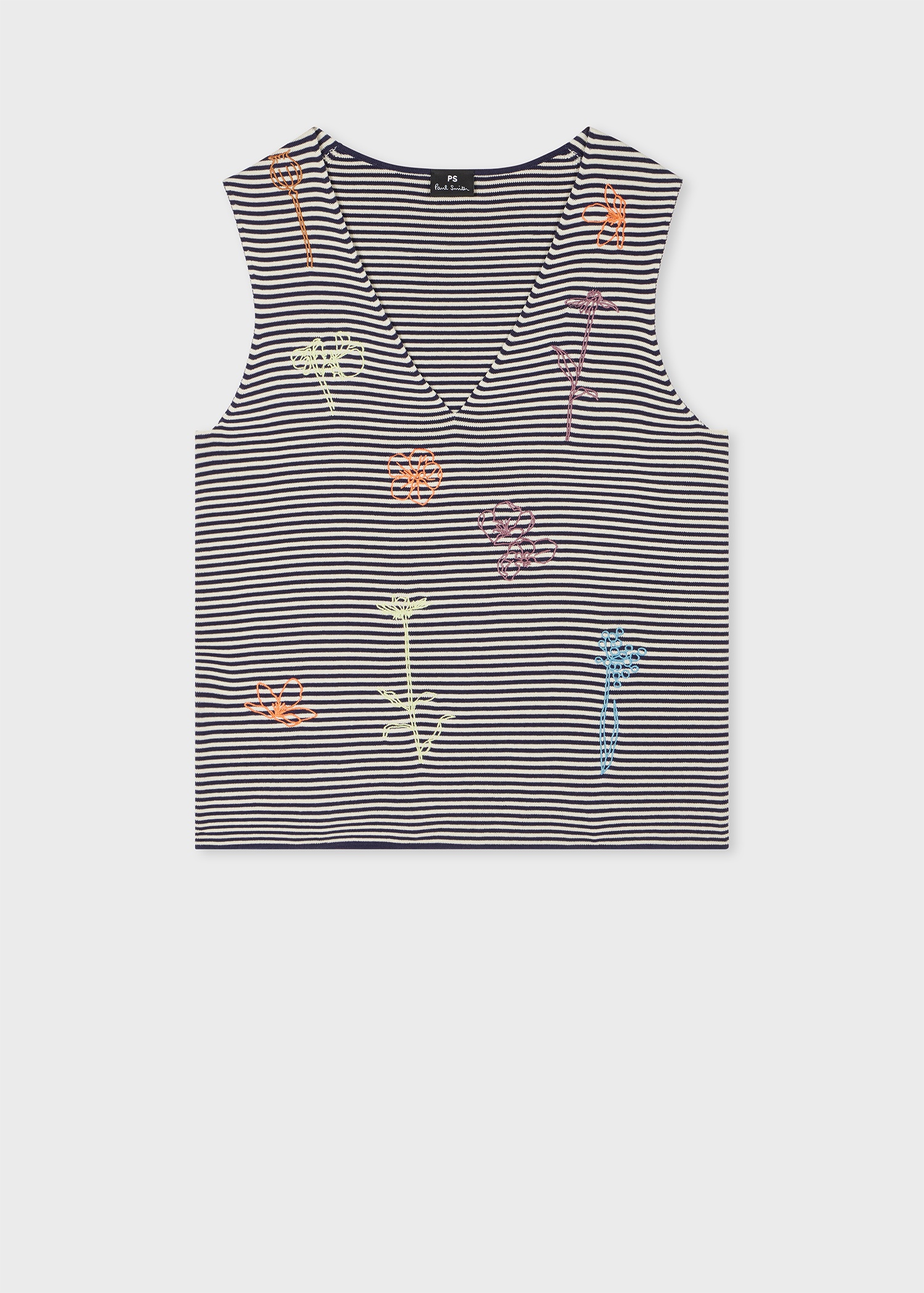 Women's Navy and White Cotton Stripe 'Embroidered Flowers' Knitted Vest - 1