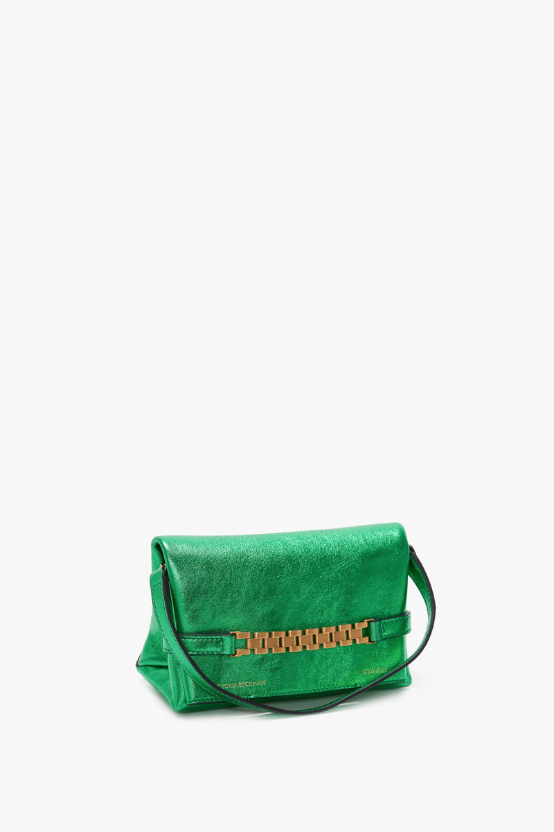 Mini Chain Pouch In Metallic Green Leather 2