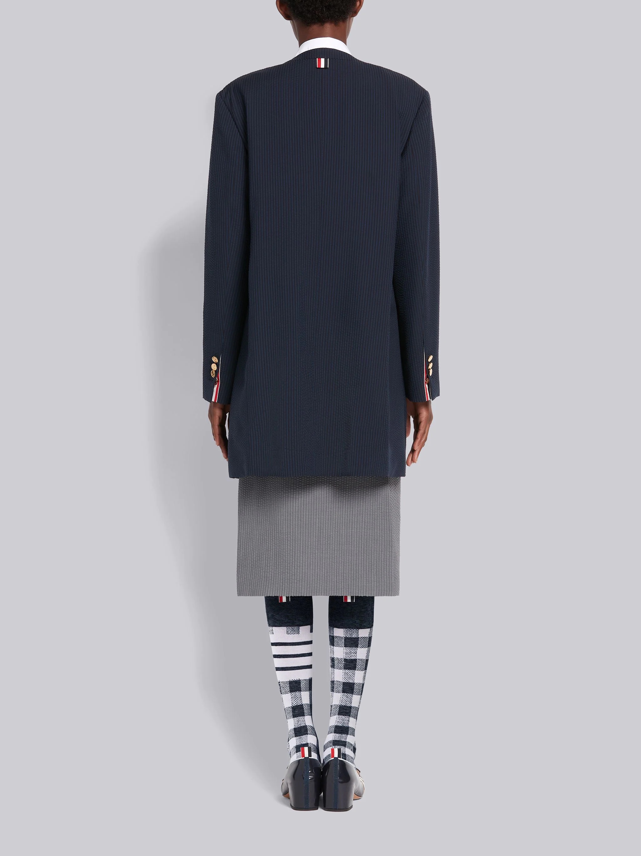 Navy Wool Seersucker Crewneck Cardigan Mini Coat - 3