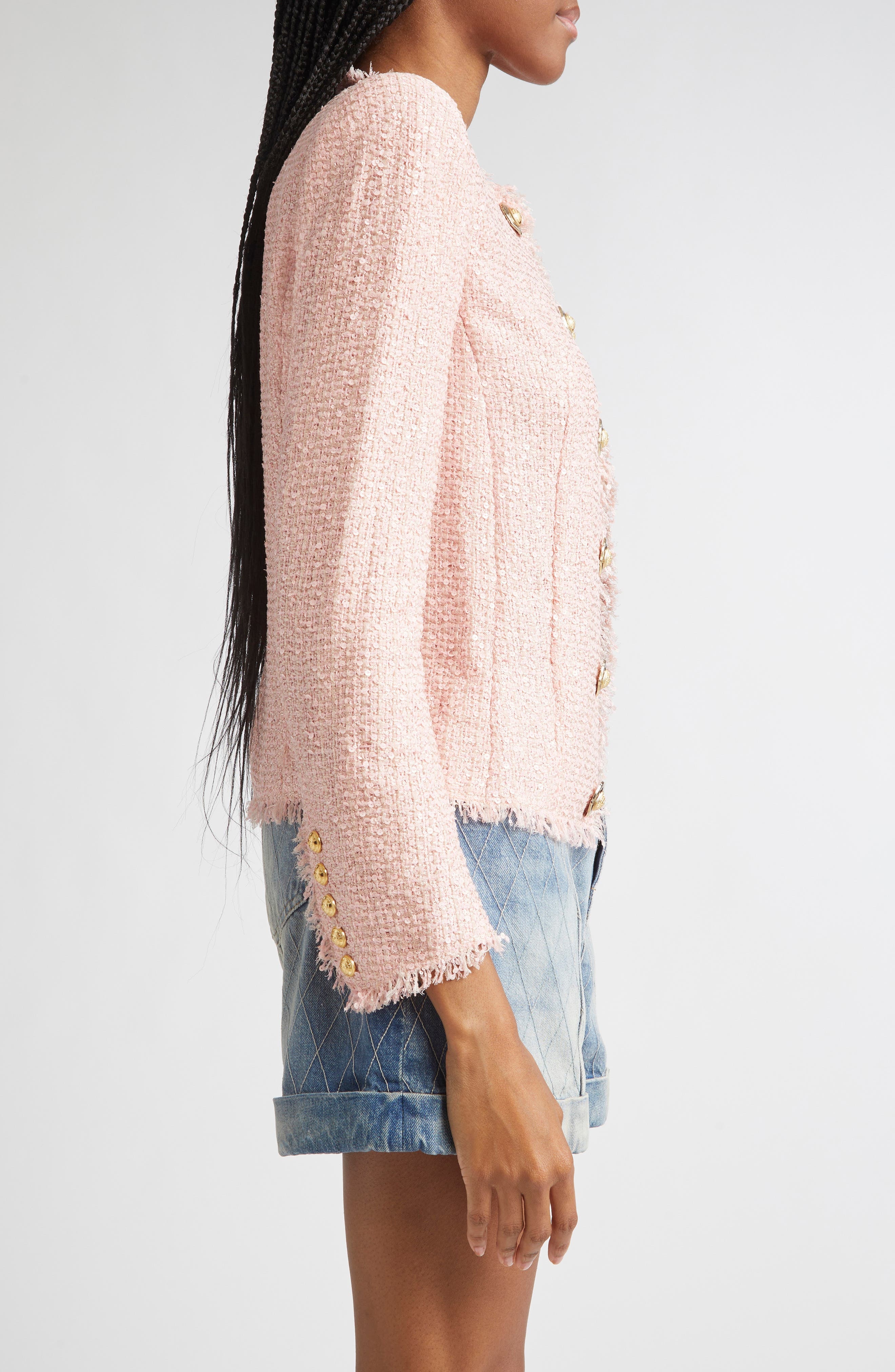 Balmain Glitter Embellished Silk Tweed Spencer Jacket in 4Cu Pink at Nordstrom - 4