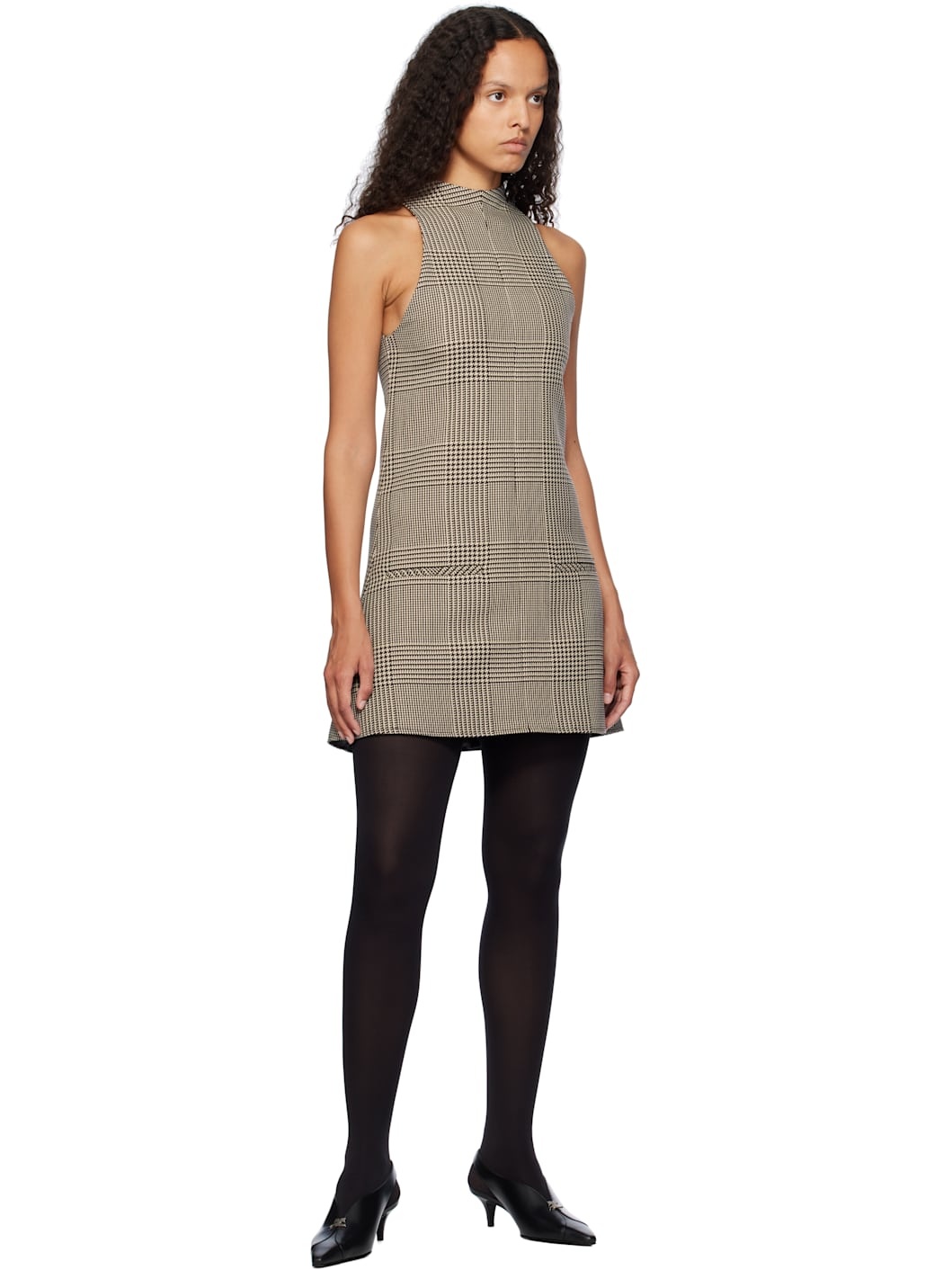 Beige & Brown Sleeveless Prince Of Wales A-Line Minidress - 4