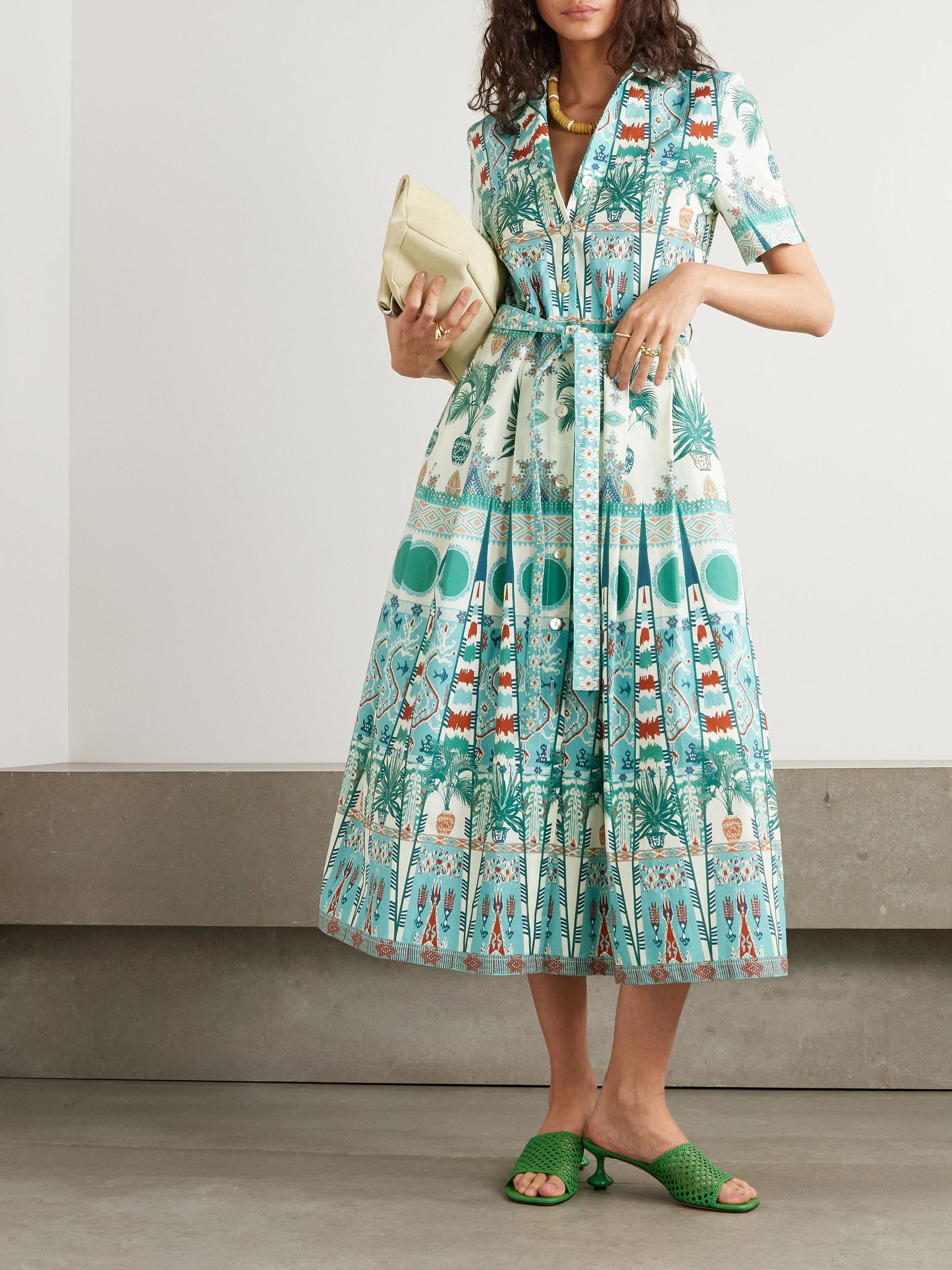 Claudia belted pleated printed cotton-poplin midi shirt dress Green - 2