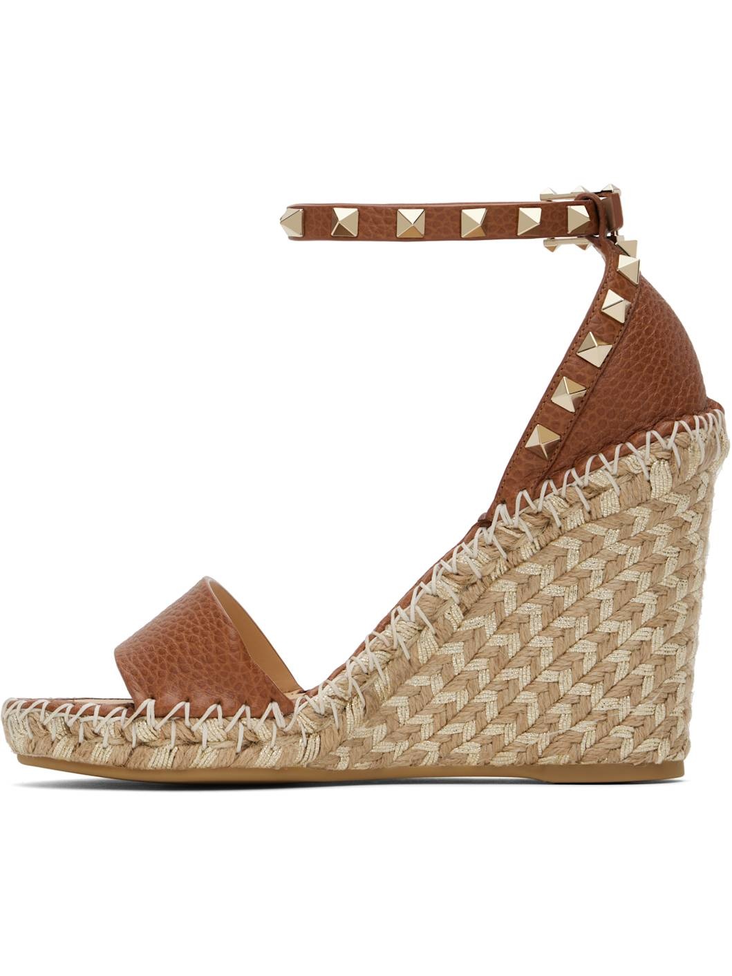 Brown Double Rockstud Grainy Calfskin Heeled Sandals - 3