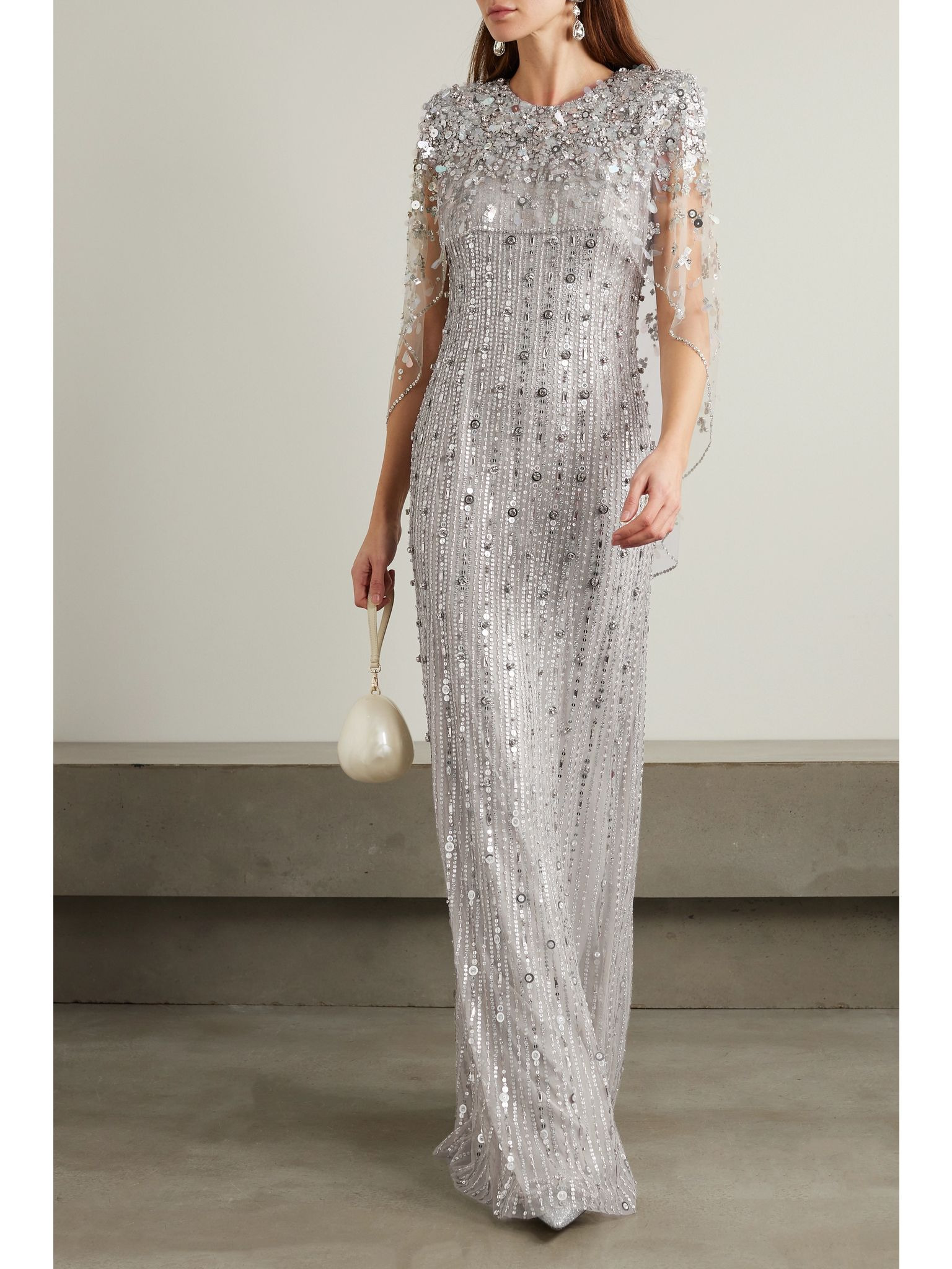 Nettie cape-effect embellished sequined tulle gown Platinum - 2