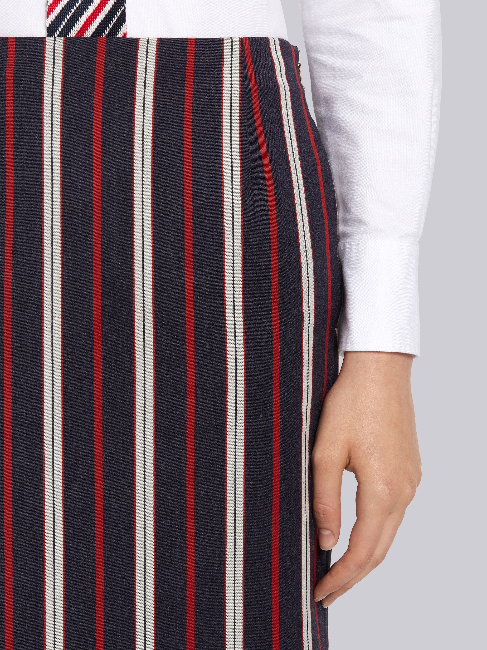 Multi-Color Wool Cotton Suiting Variegated Rep Stripe Knee Length Sheath Pencil Skirt - 5