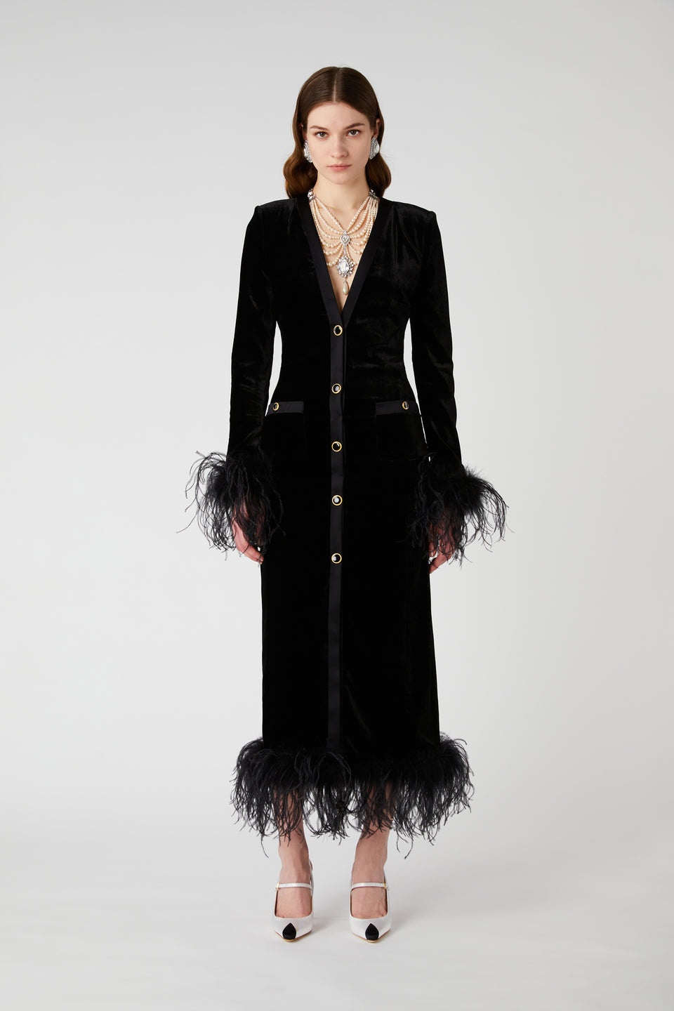VELVET DRESS WITH FEATHERS AND JWL BUTTONS - 4