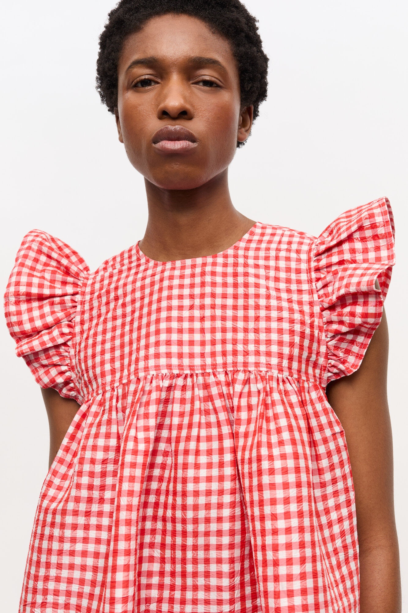 RED CRINKLED CHECK TAFFETA DRESS - 4