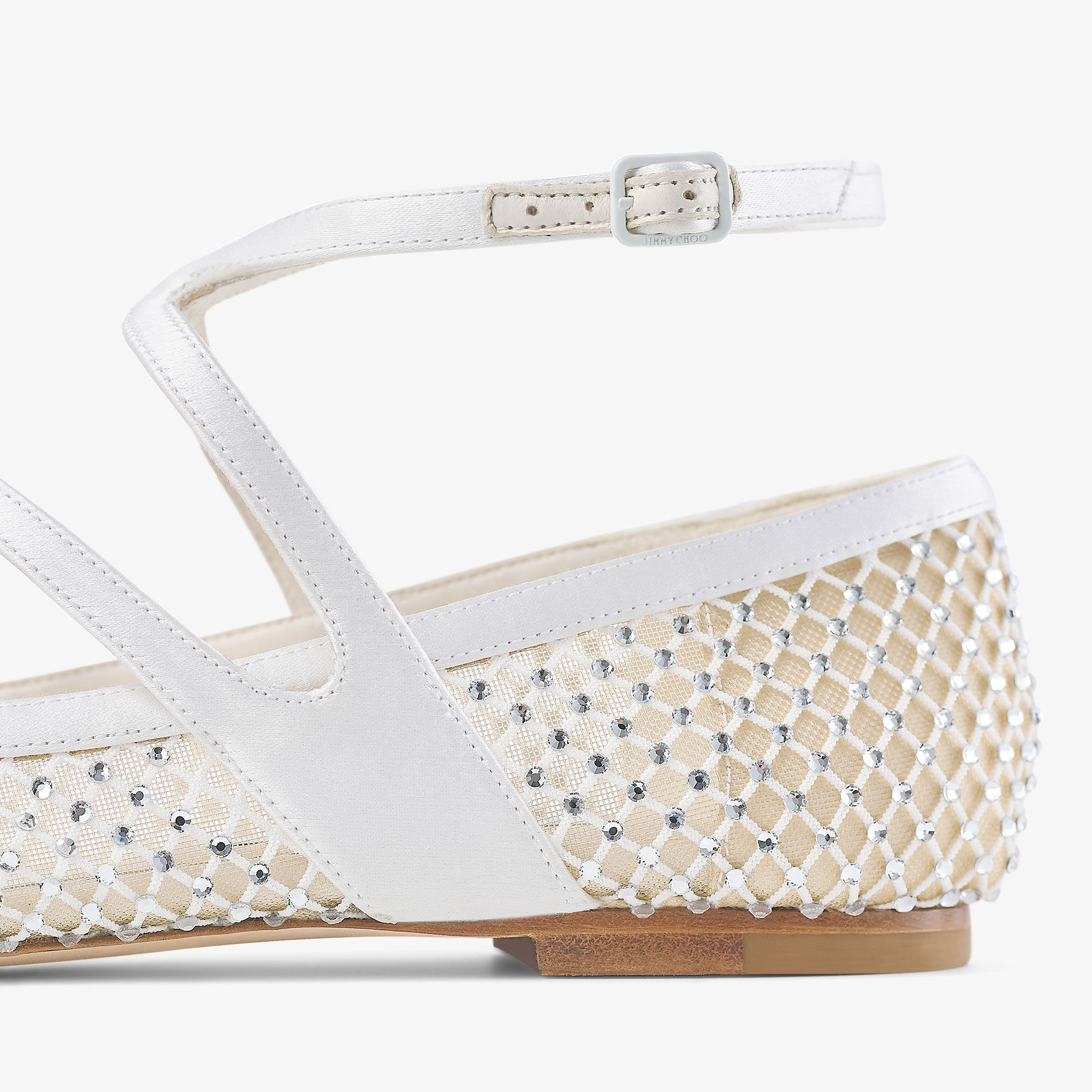 Astoria Flat
White Crystal Mesh Satin Flats - 3