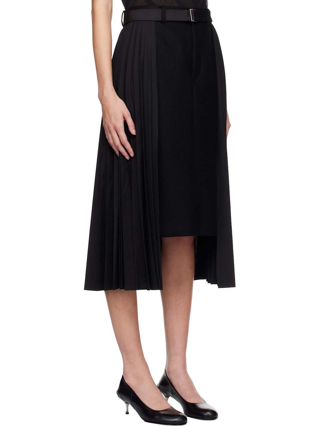 Black Suiting & Wool Melton Midi Skirt - 2