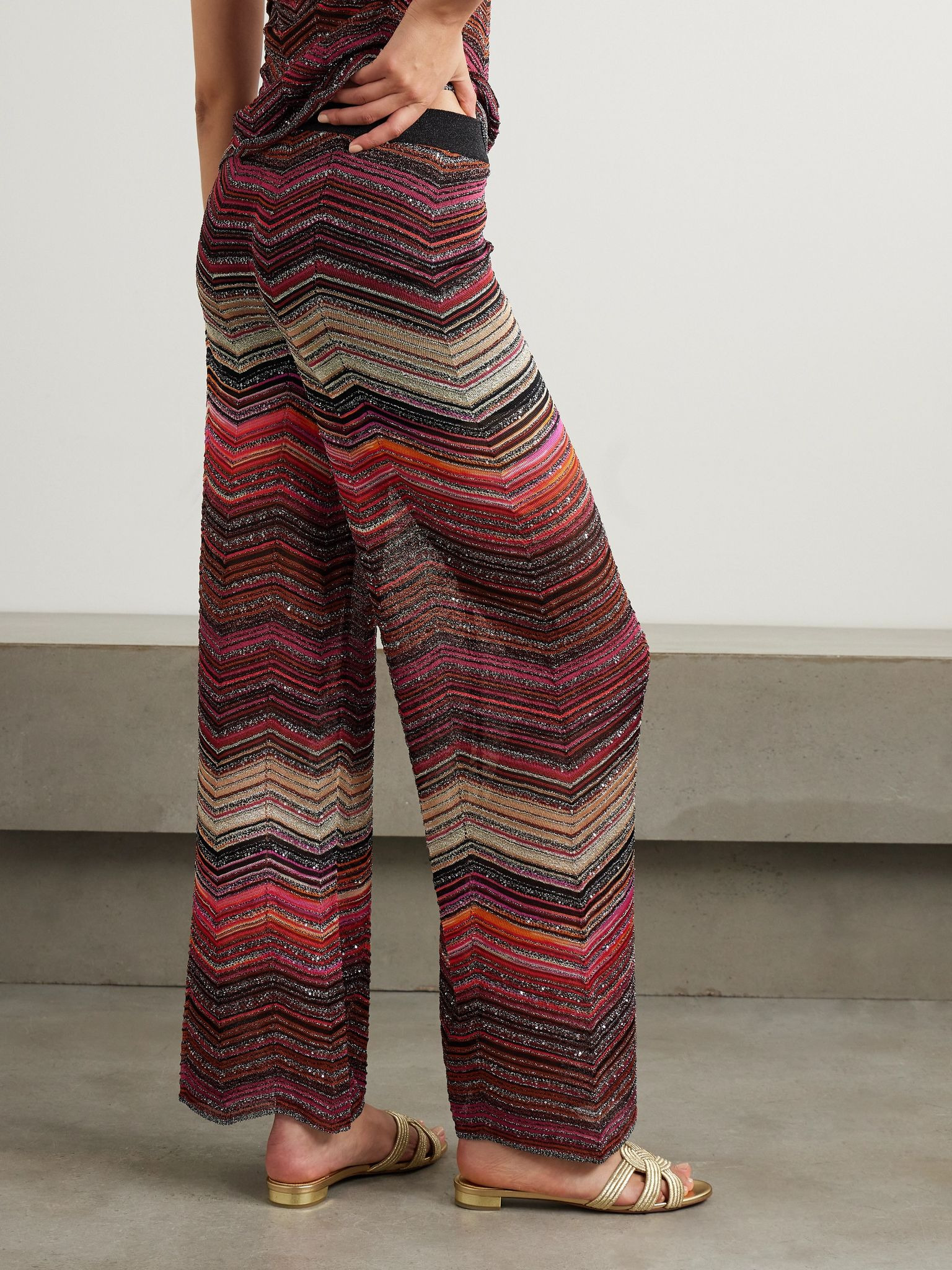 Mare sequined striped metallic crochet-knit wide-leg pants Burgundy - 3