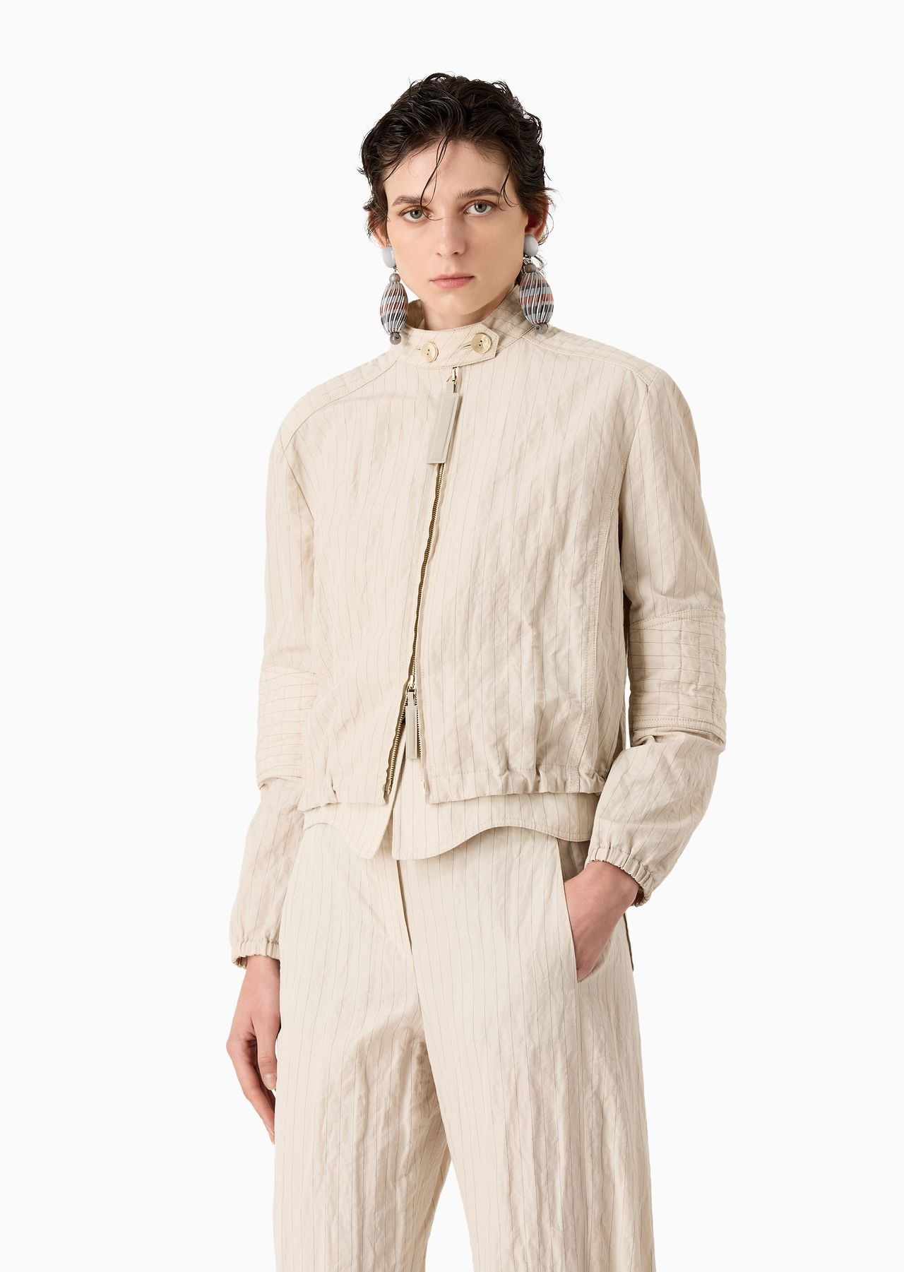 Lurex pinstriped, cotton and linen blouson - 2