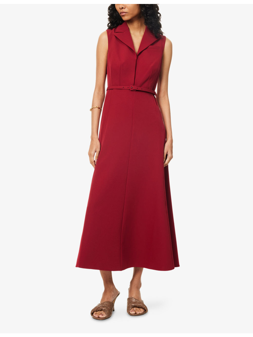 Peak-Lapel Belted Woven Midi Dress - 3