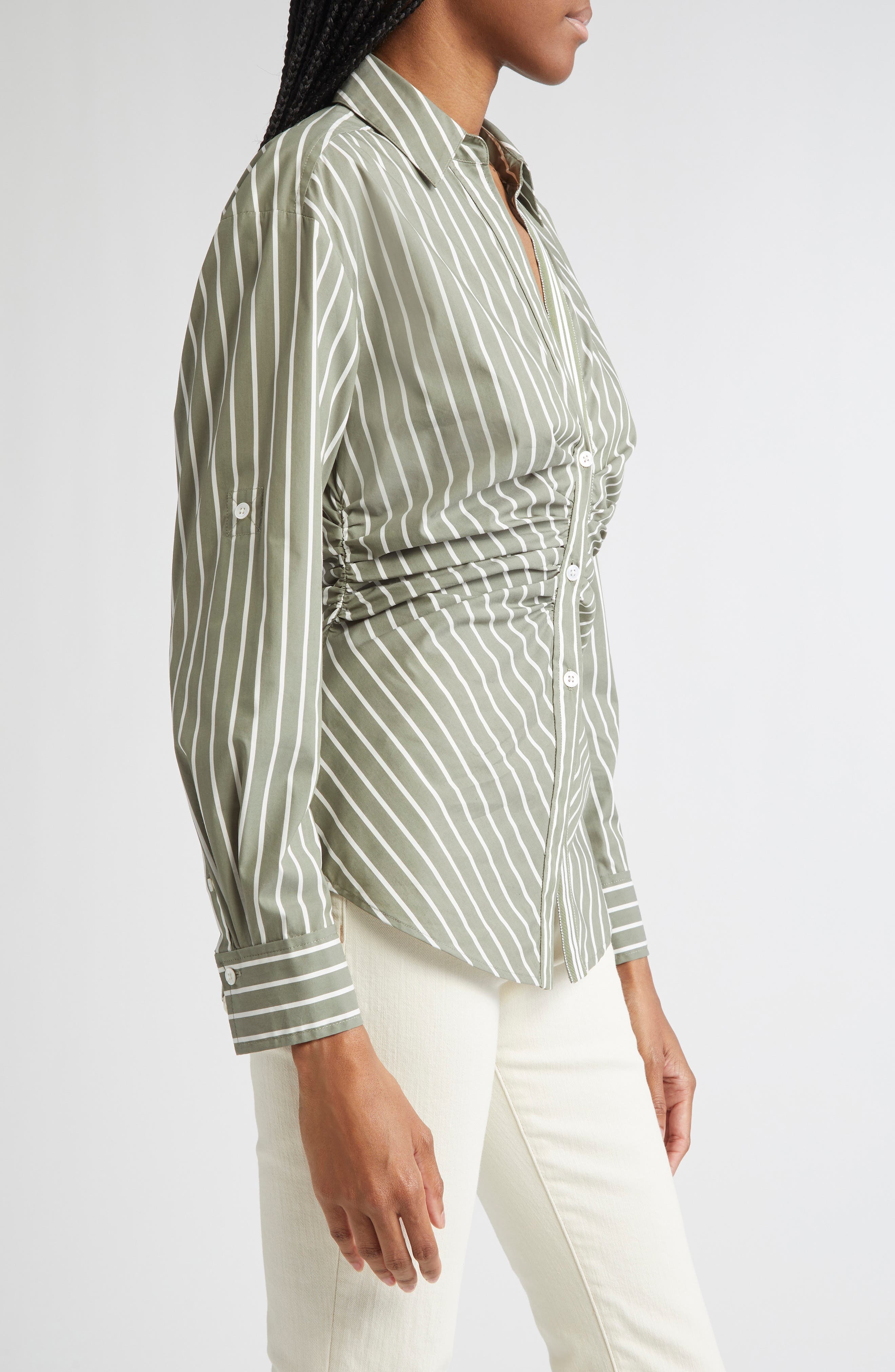 Veronica Beard Devra Stripe Ruched Cotton Blend Button-Up Shirt in Stone Army White at Nordstrom - 4