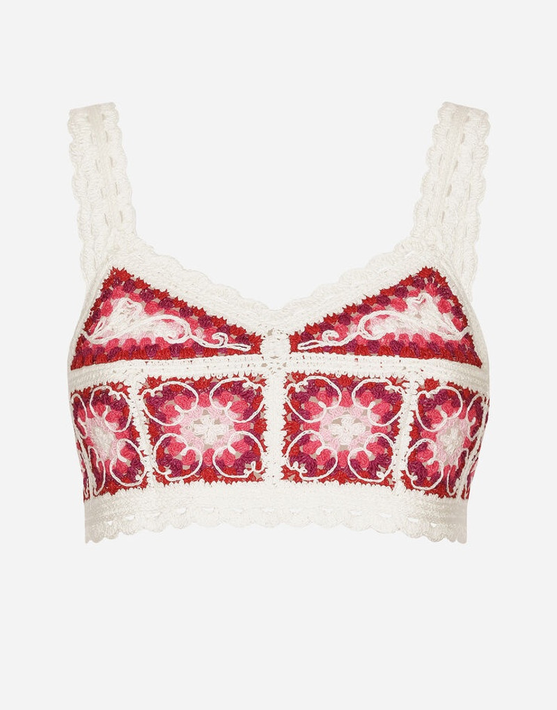 Brick-stitched crochet bustier top with Majolica print 1