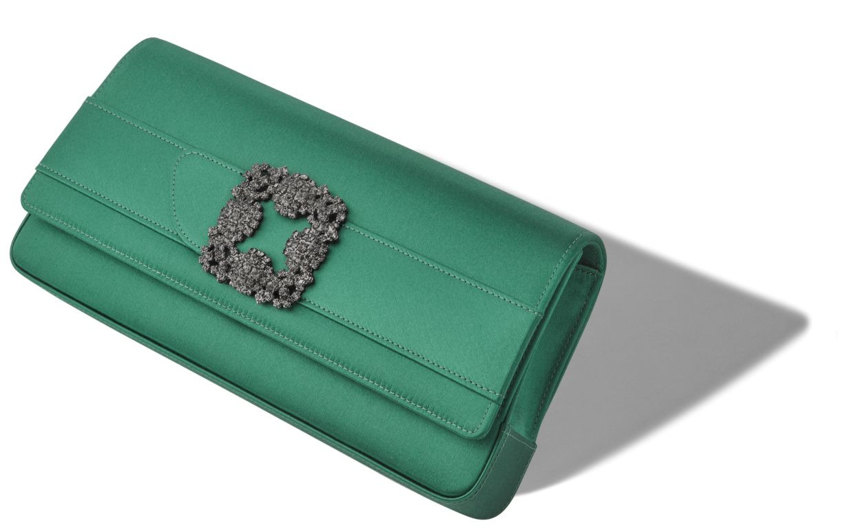 Bright Green Satin Jewel Buckle Clutch - 2