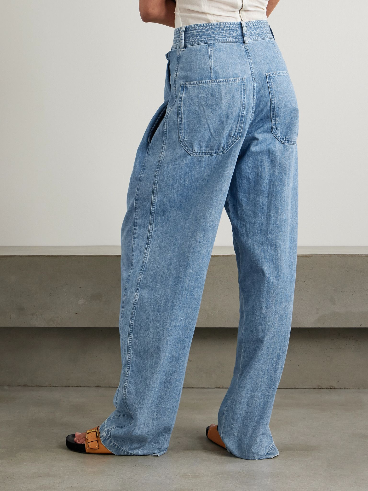 Inaya ruffled cotton-chambray barrel-leg pants Light blue - 4