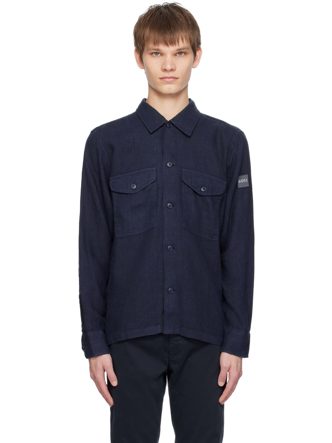Navy Spread Collar Shirt - 1
