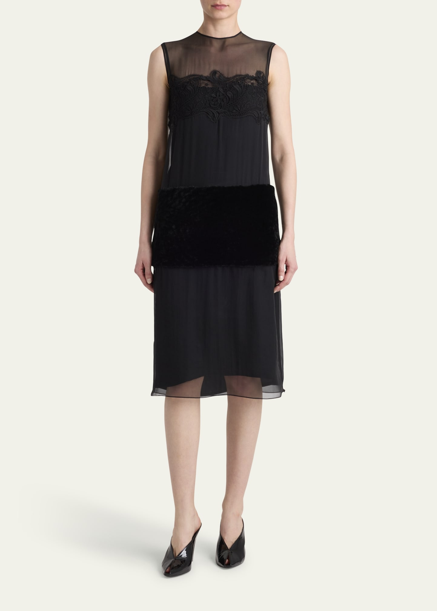 Silk Chiffon Velvet Panel Sleeveless Midi Dress - 2