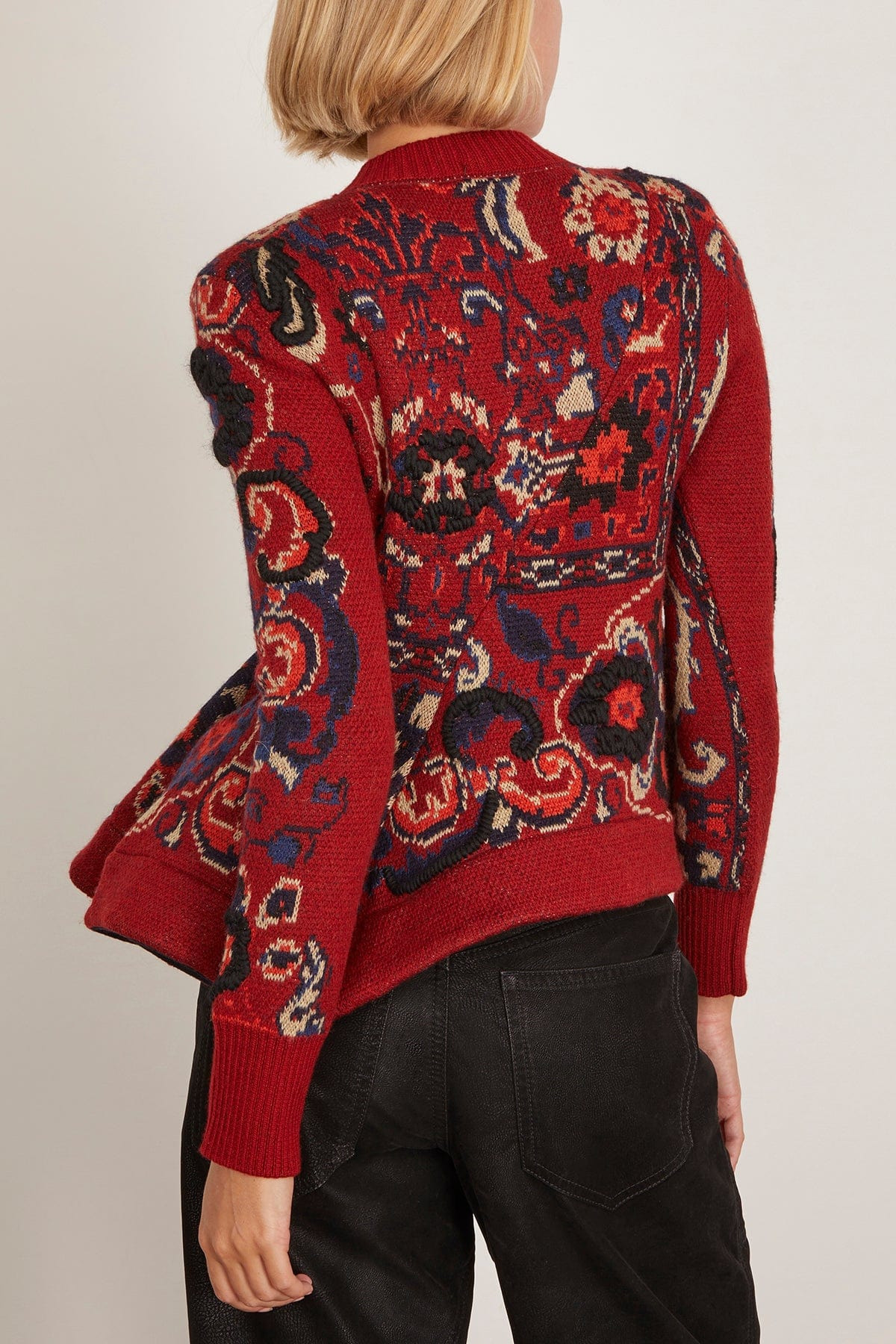 Floral Jacquard Knit Pullover in Bordeaux - 4