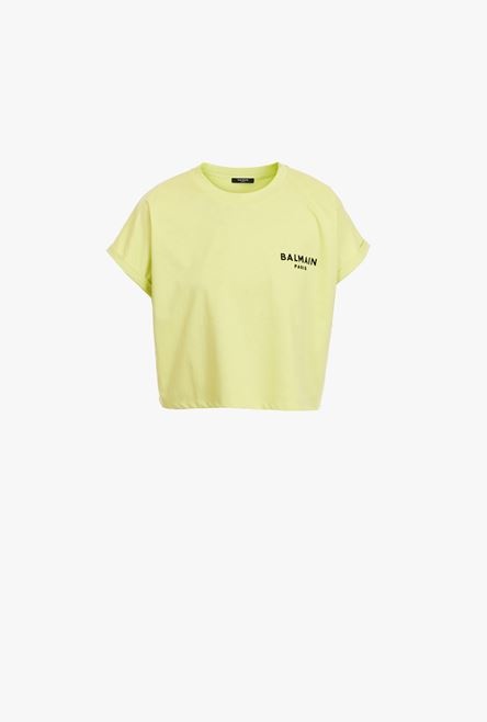 Cropped lime green cotton T-shirt with black flocked Balmain logo - 1