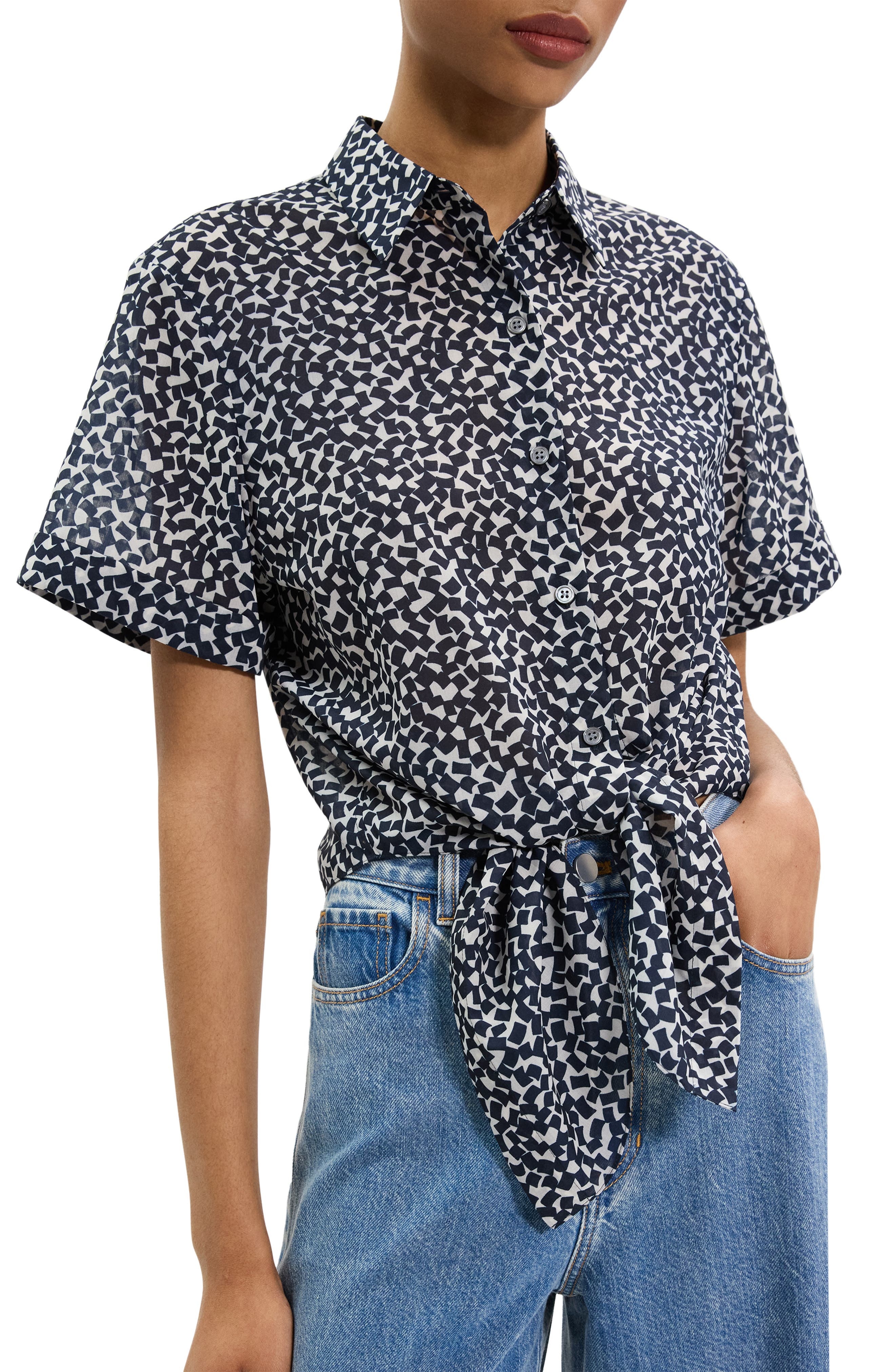 Theory Geometric Tie Front Button-Up Shirt in Navy Multi at Nordstrom - 4