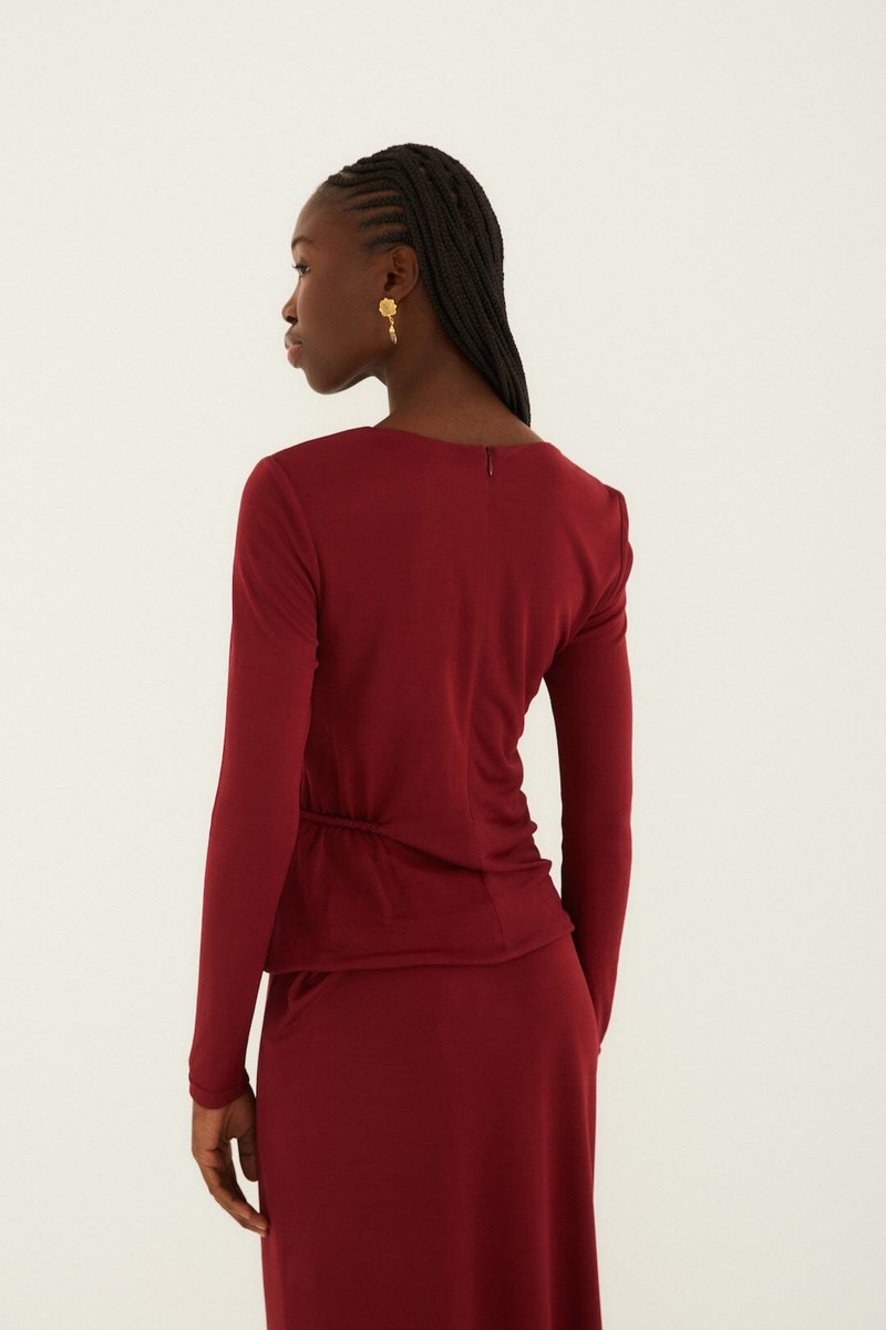 Burgundy 3D Flower Draped Long Sleeve Blouse 3