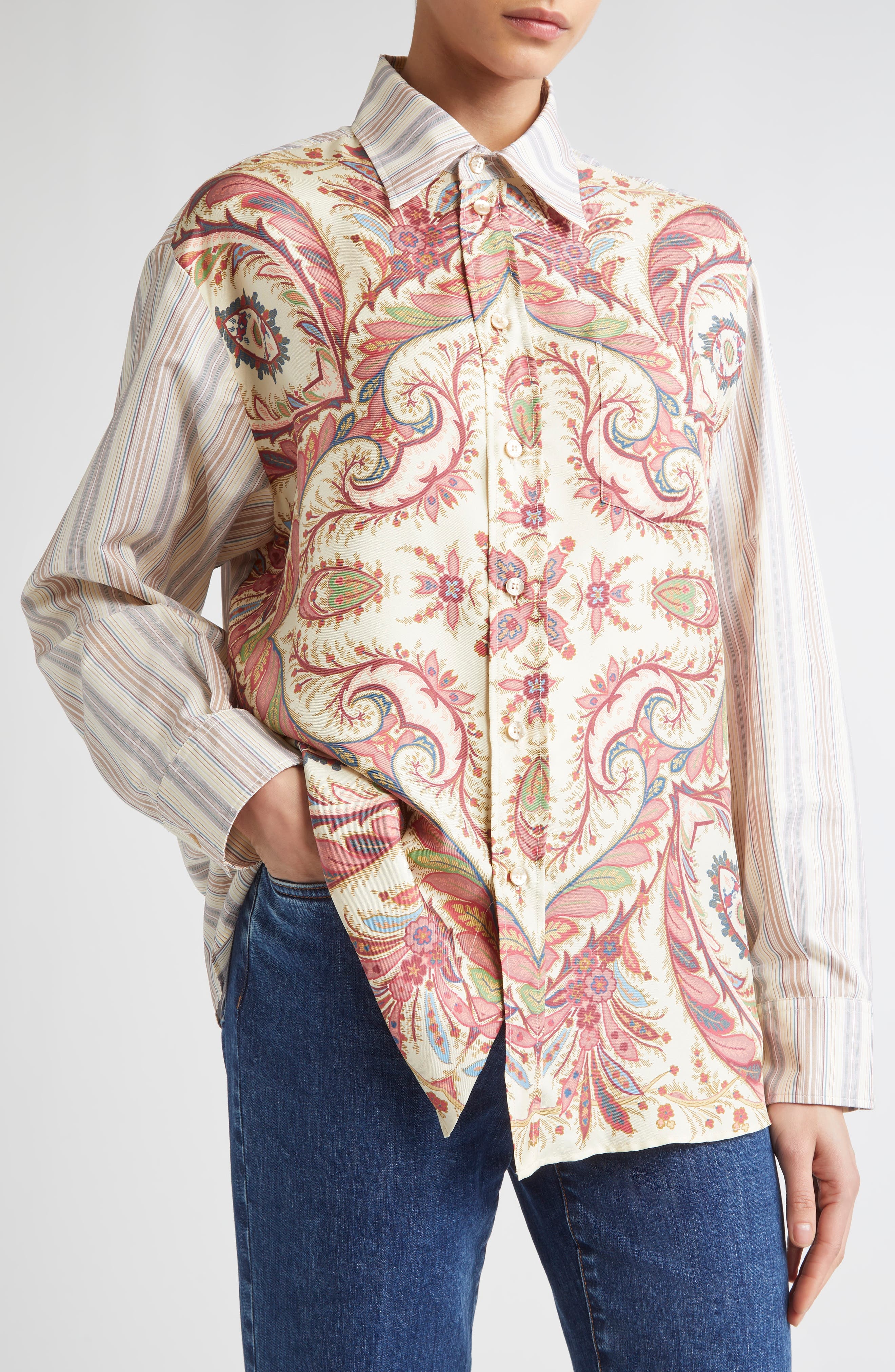 Etro Paisley Stripe Silk Button-Up Shirt in Stampa F.do Bianco at Nordstrom - 4