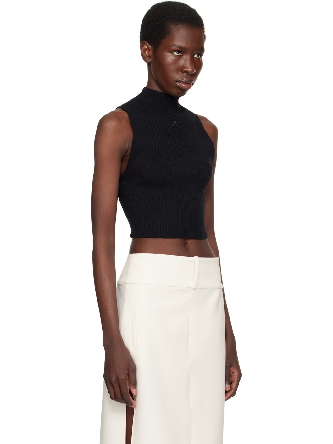 Black Mockneck Light Rib Cropped Tank Top - 2