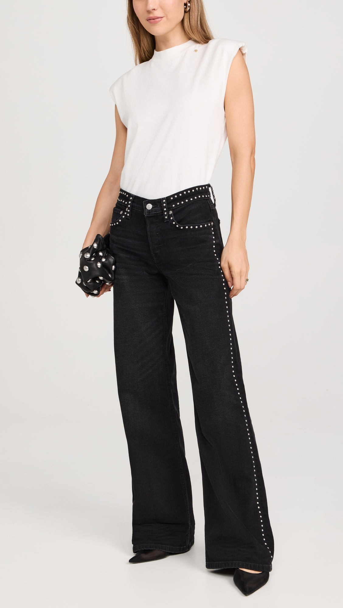 Studded Mid Rise Wide Leg Jeans - 4