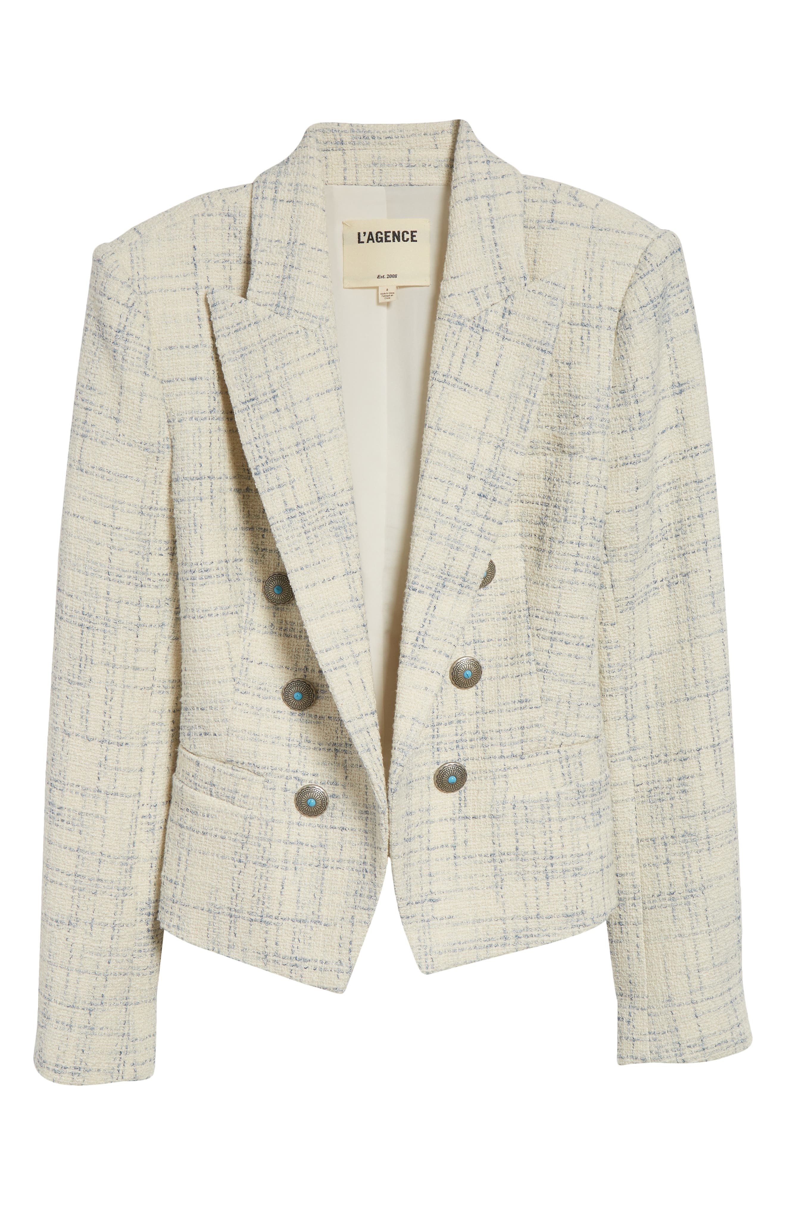L'AGENCE Brooke Double Breasted Tweed Blazer in Vintage White/Blue Check at Nordstrom - 7