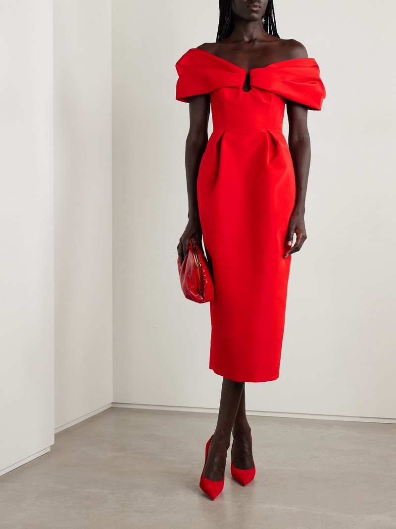 CAROLINA HERRERA Off-the-shoulder pleated silk-faille midi dress Red outlook