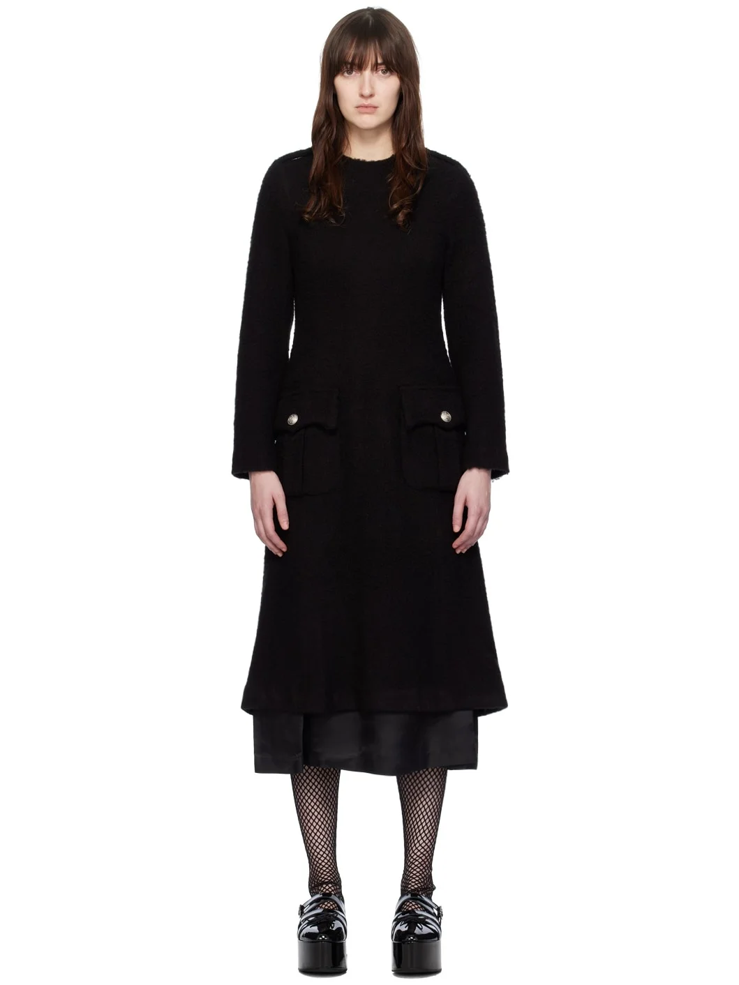 Black Flap Pockets Midi Dress - 1