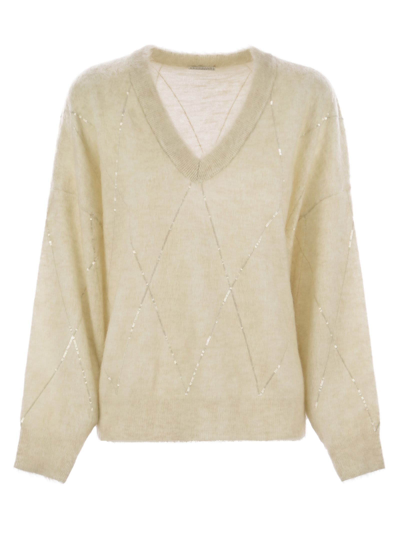 Brunello Cucinelli Women Mohair, Wool, Cashmere And Silk Sweater With Dazzling Argyle Embroidery - 1