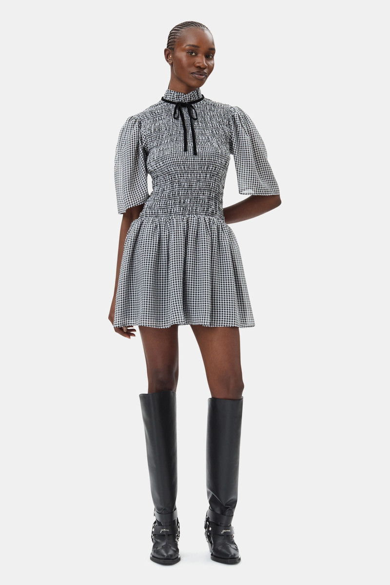 GANNI SHEER CHECK MINI SMOCK DRESS outlook