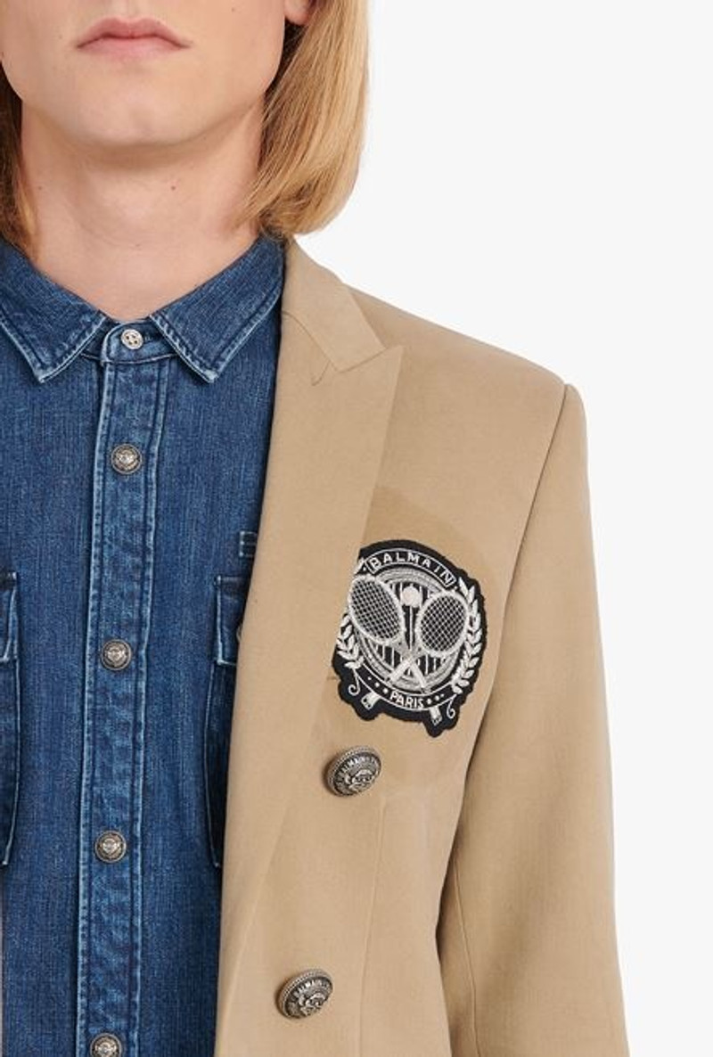 Dark sand-colored cotton blazer with embroidered Balmain badge and double-breasted silver-tone butto 6