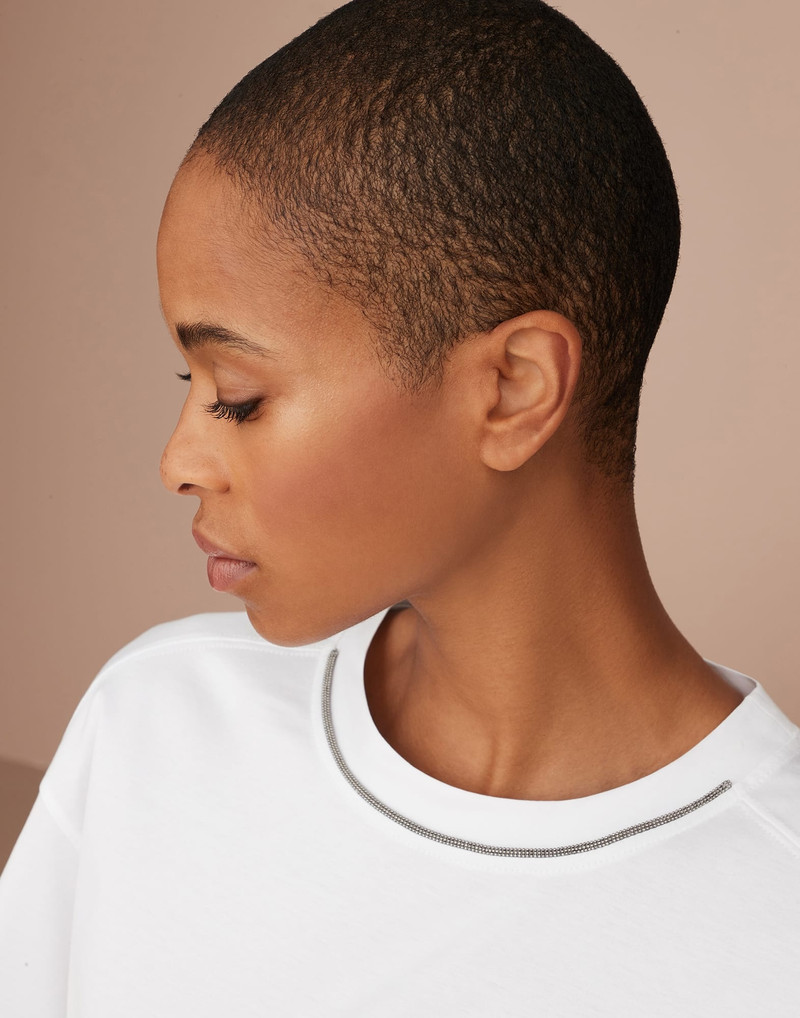 Cotton jersey T-shirt with padded shoulder and shiny neckline 3