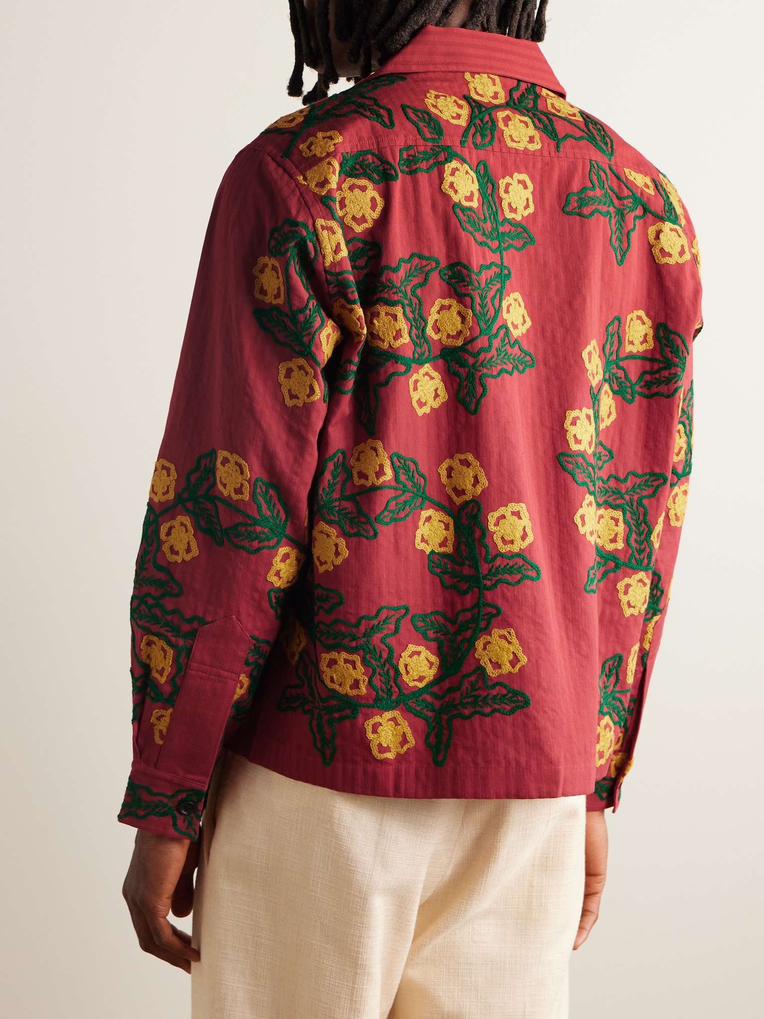 Marigold Wreath Camp-Collar Embroidered Striped Cotton Shirt - 3