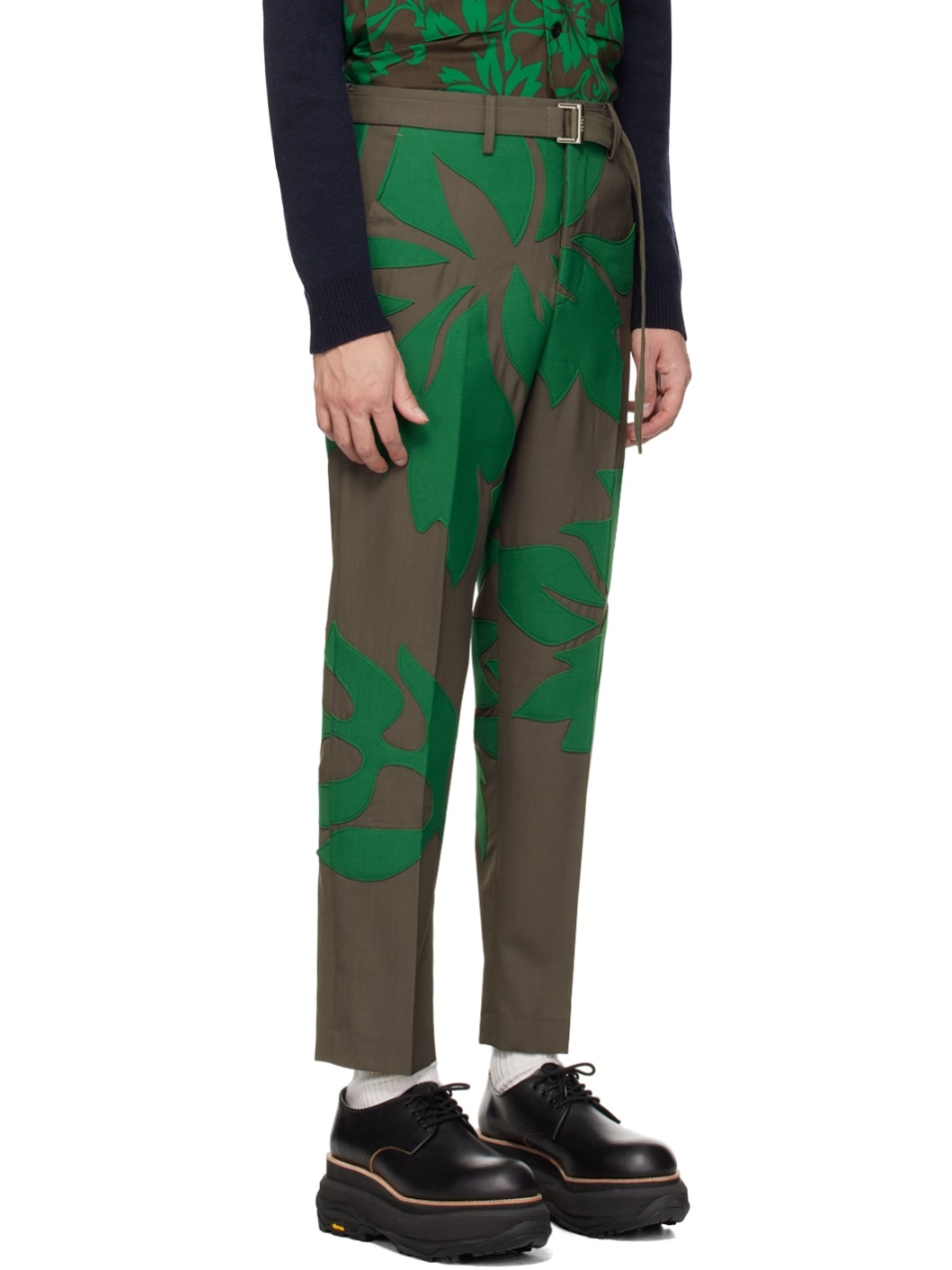 Taupe & Green Floral Appliqué Trousers - 2