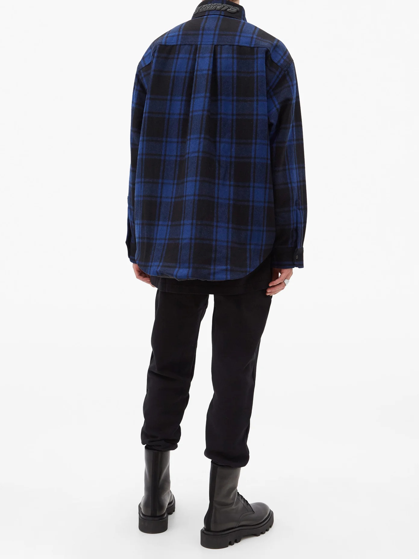 Logo-collar padded checked wool-blend shirt - 2