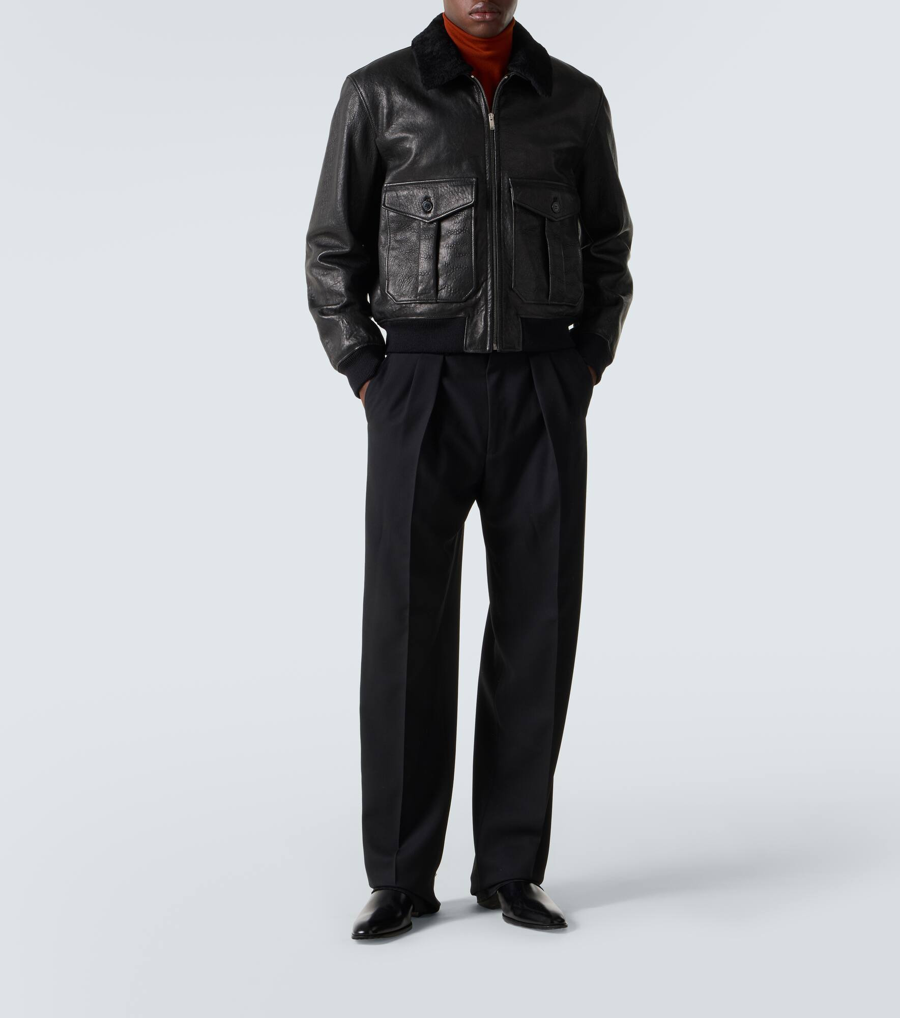 Shearling-trimmed leather bomber jacket - 2