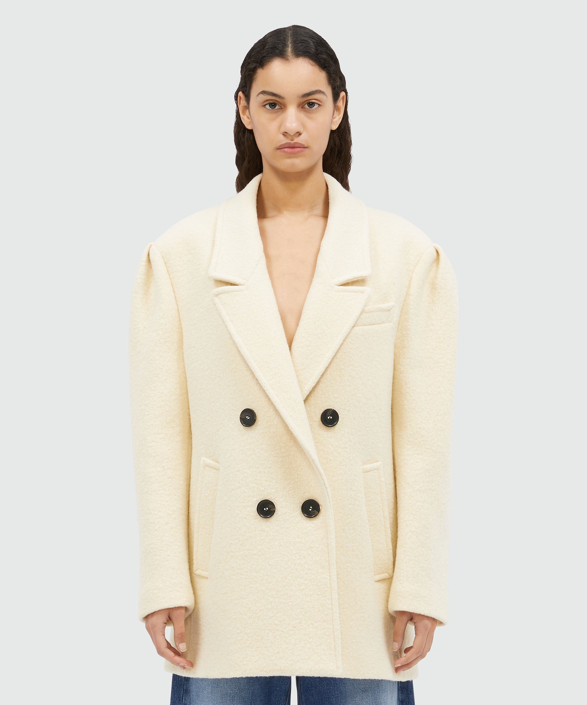Beige double-breasted bouclé wool pea coat - 2