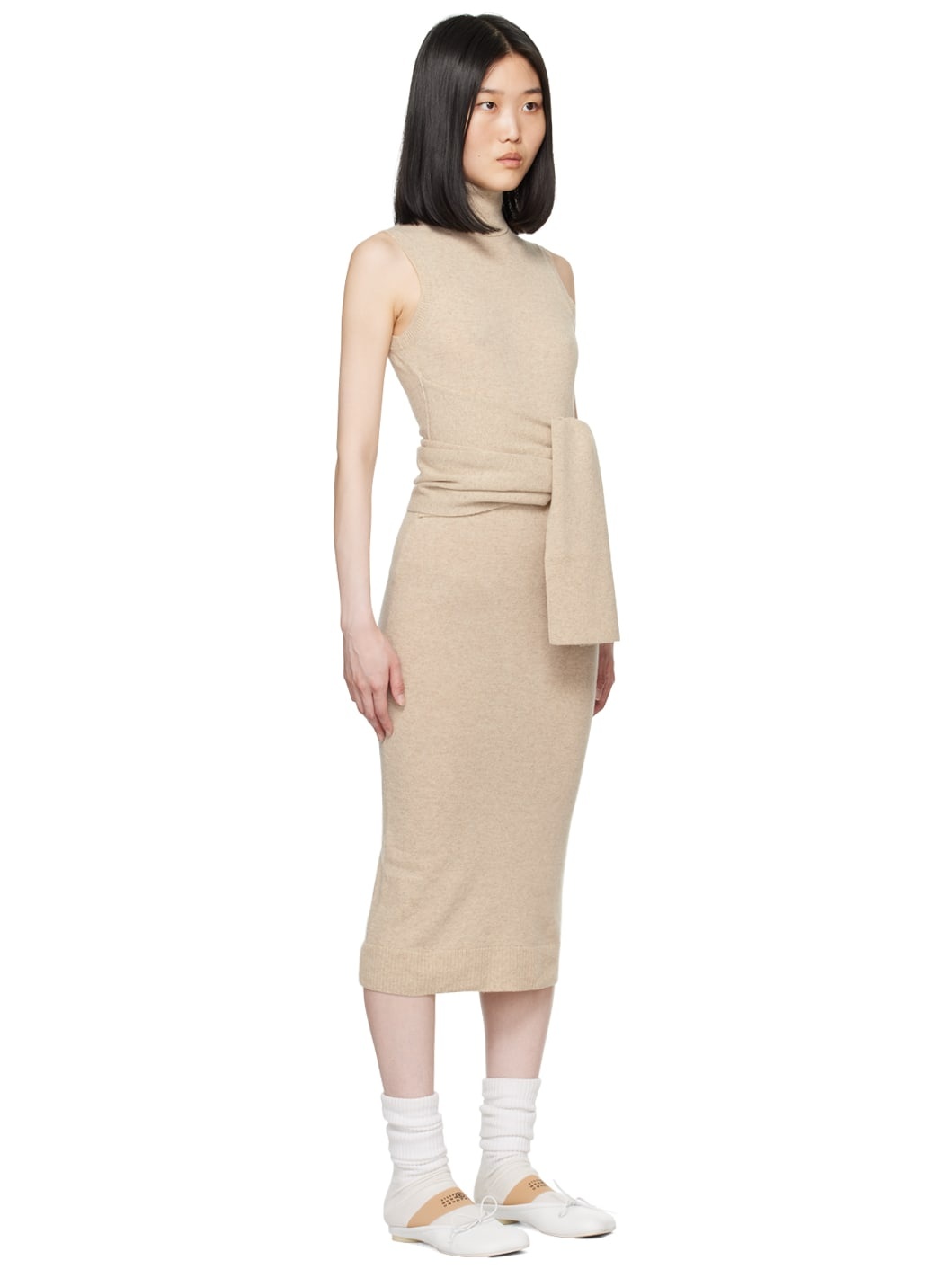 Beige Belted Midi Dress - 2