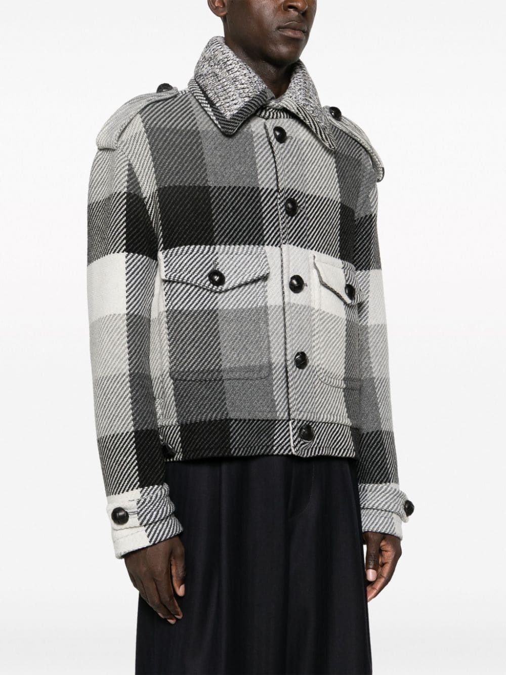 plaid-check button-up wool blend jacket - 3
