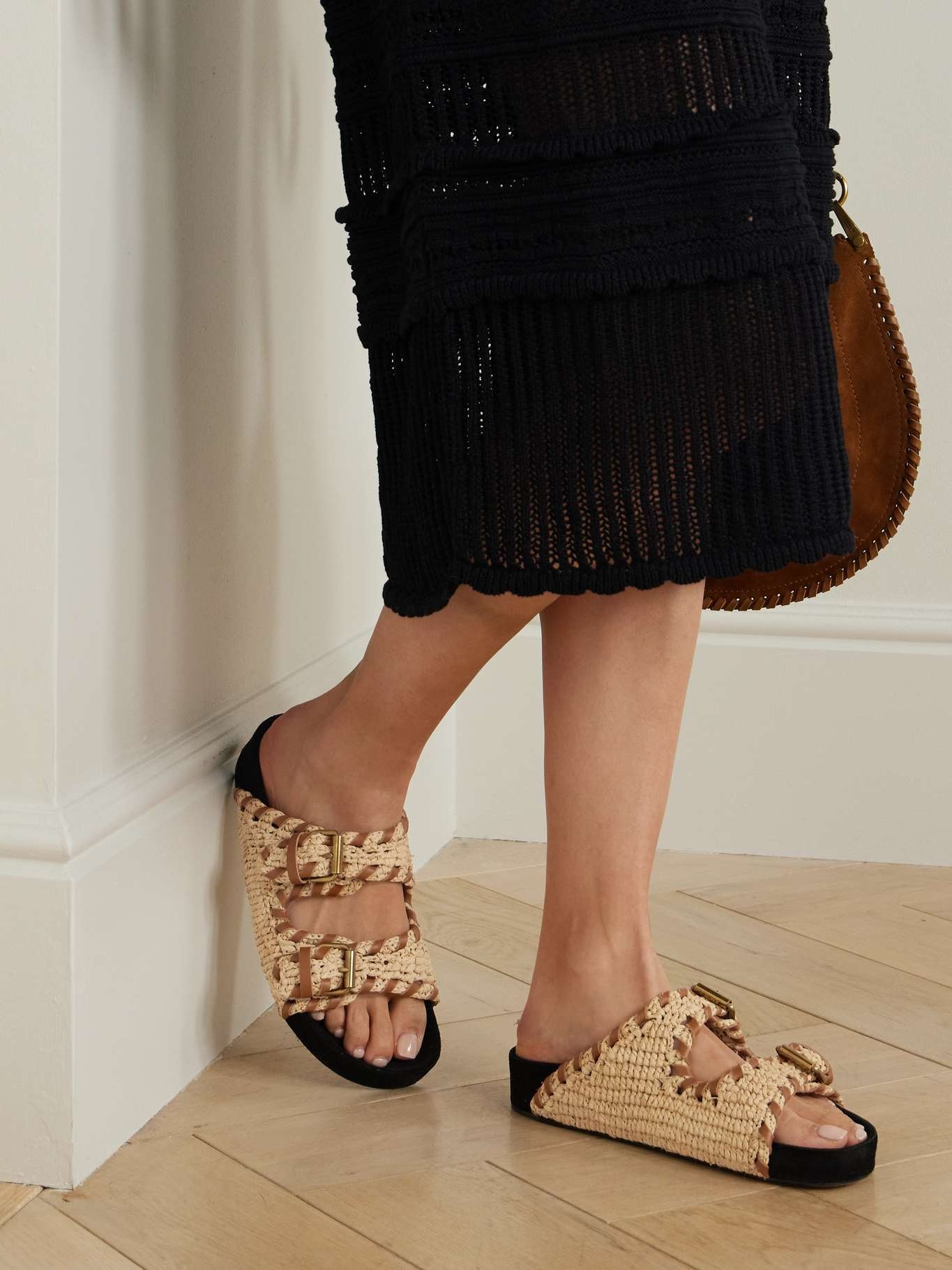 Lennyo leather-trimmed woven raffia sandals Beige - 2
