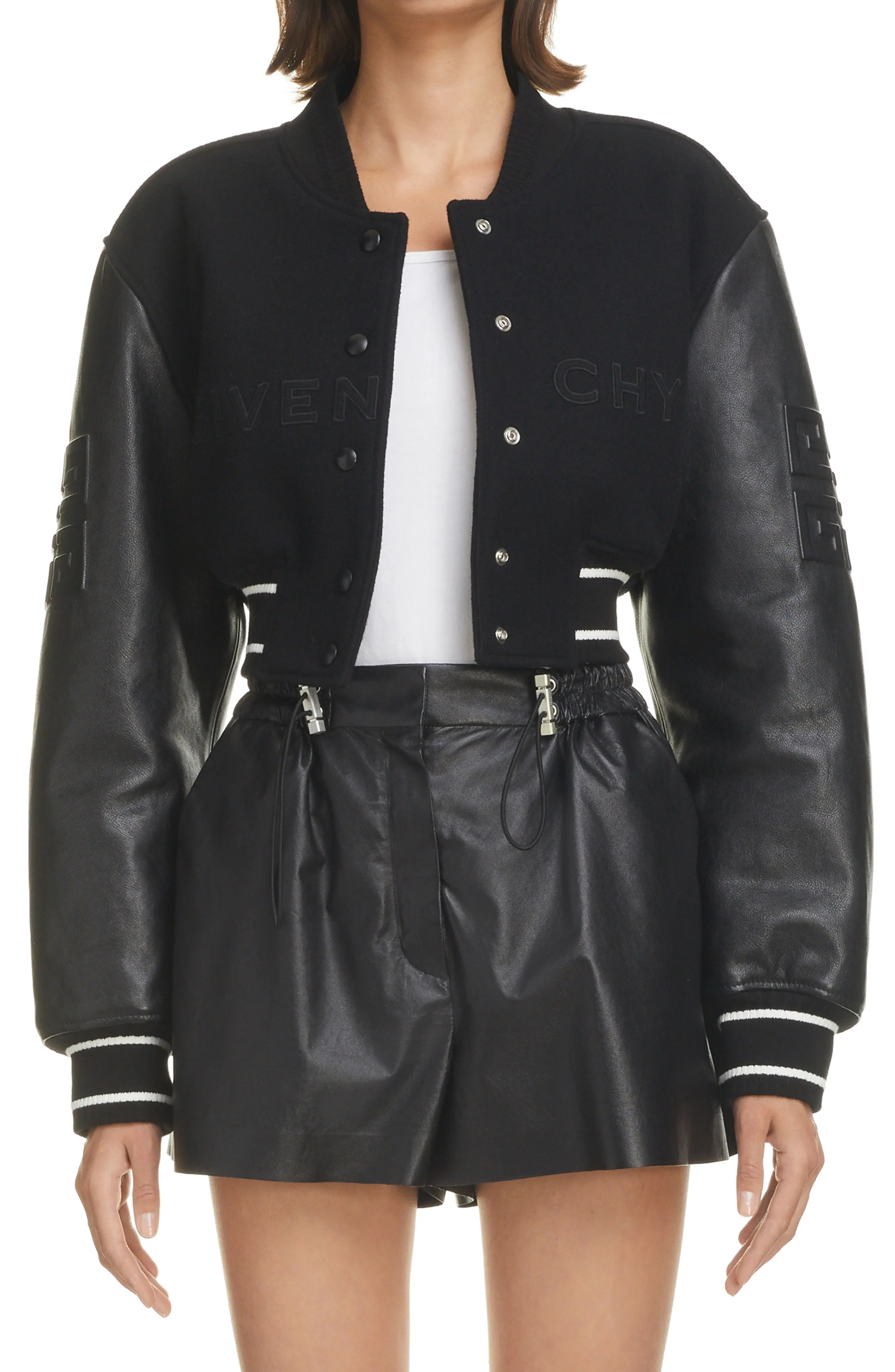 【GIVENCHY】CROPPED VARSITY W/ LEATHER SLEEVES Cropped Varsity Jacket With Leather Sleeves Black | The Webster