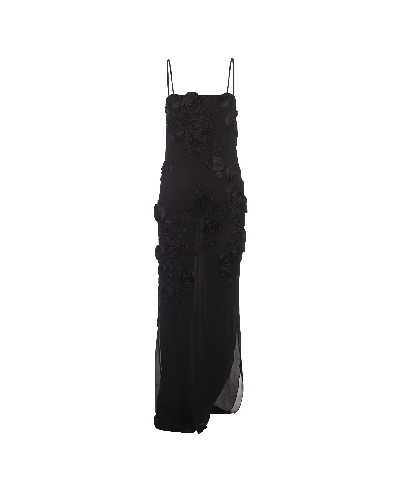 Long Black Dress With Rose Embroidery - 2