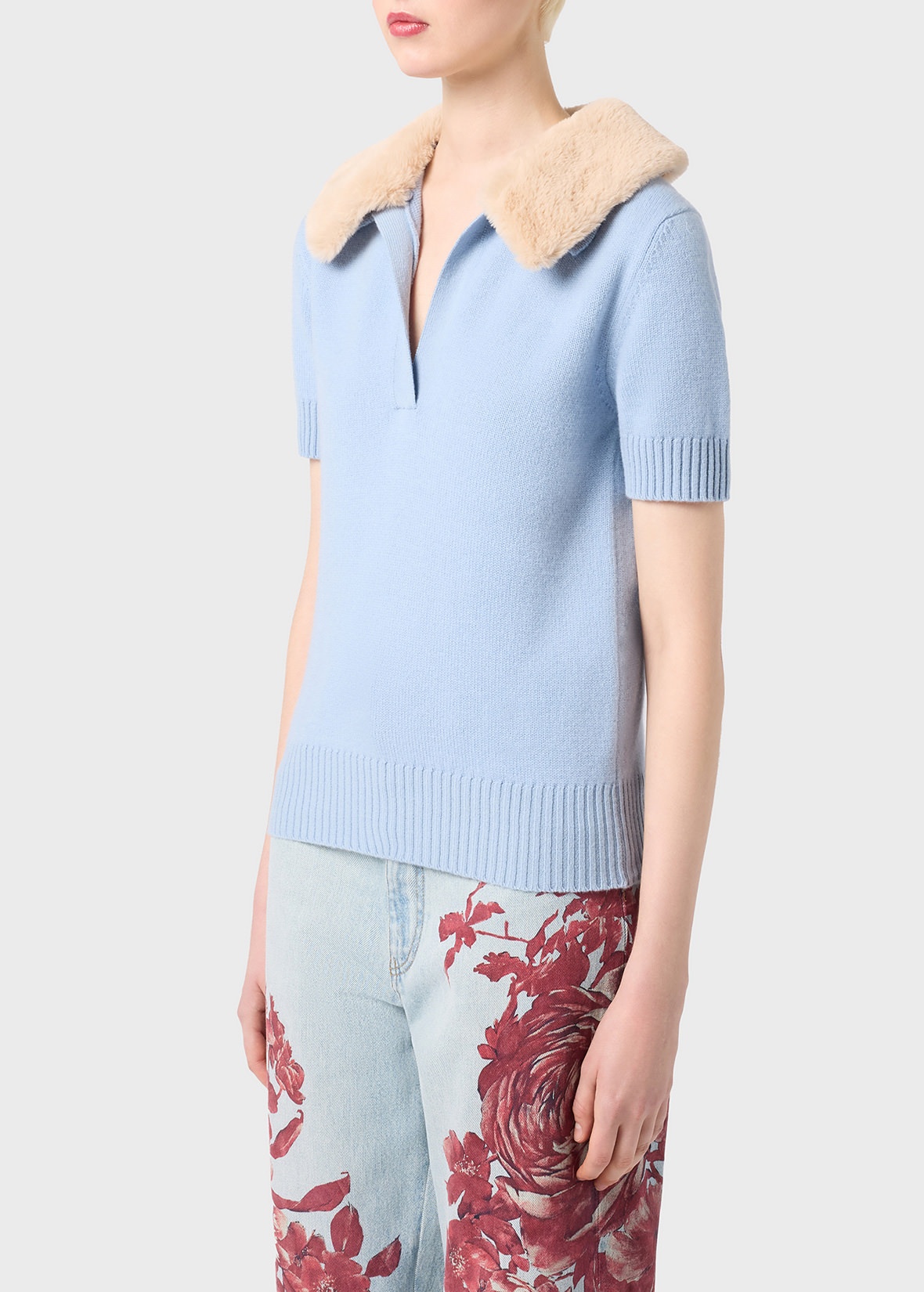 KNITTED POLO SHIRT WITH FAUX FUR COLLAR - 5